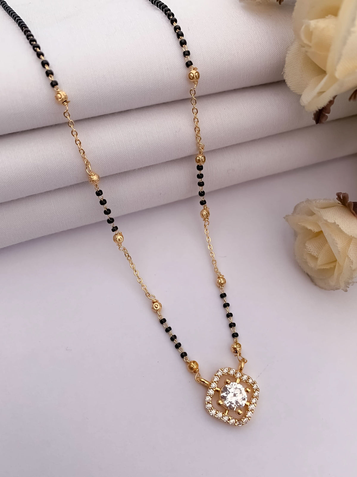 Buy 1 Get 1 Free - Gold Plated Square Halo Pendant Mangalsutra with Black Beads - Mangalsutra - Belleza Jewels