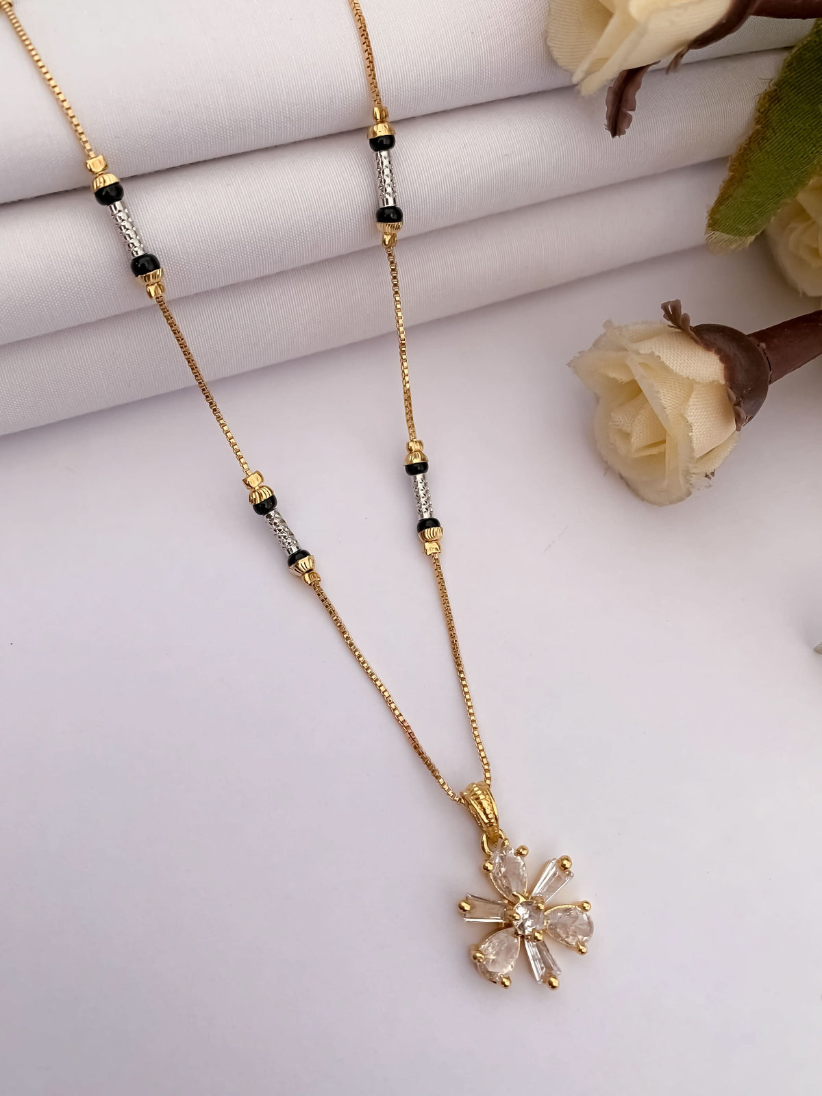 Buy 1 Get 1 Free - Floral Diamond Style Minimal Black Beads Mangalsutra - Mangalsutra - Belleza Jewels