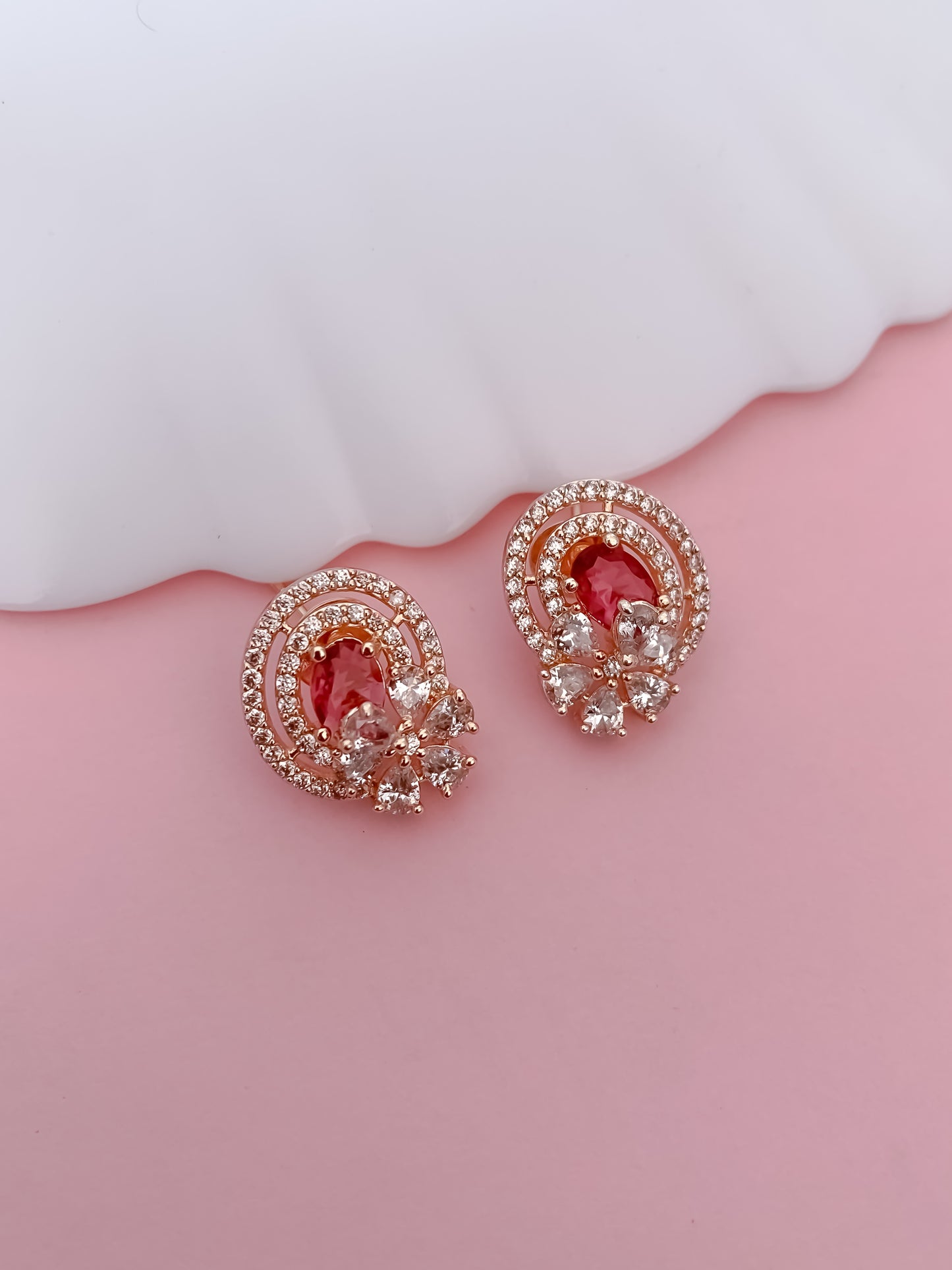 Rose Gold Finish Ruby Oval Pendant Necklace Set with Matching Stud Earrings