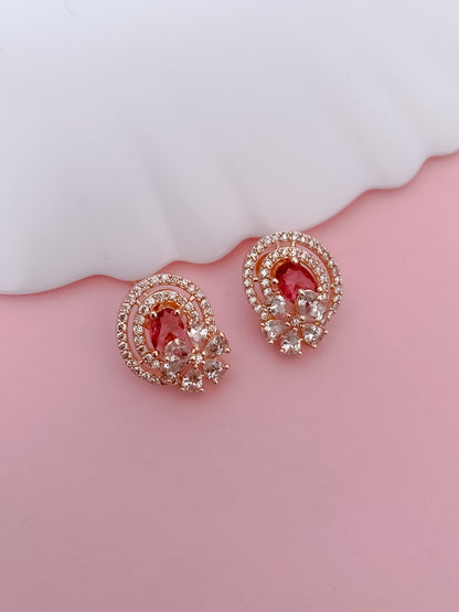 Rose Gold Finish Ruby Oval Pendant Necklace Set with Matching Stud Earrings