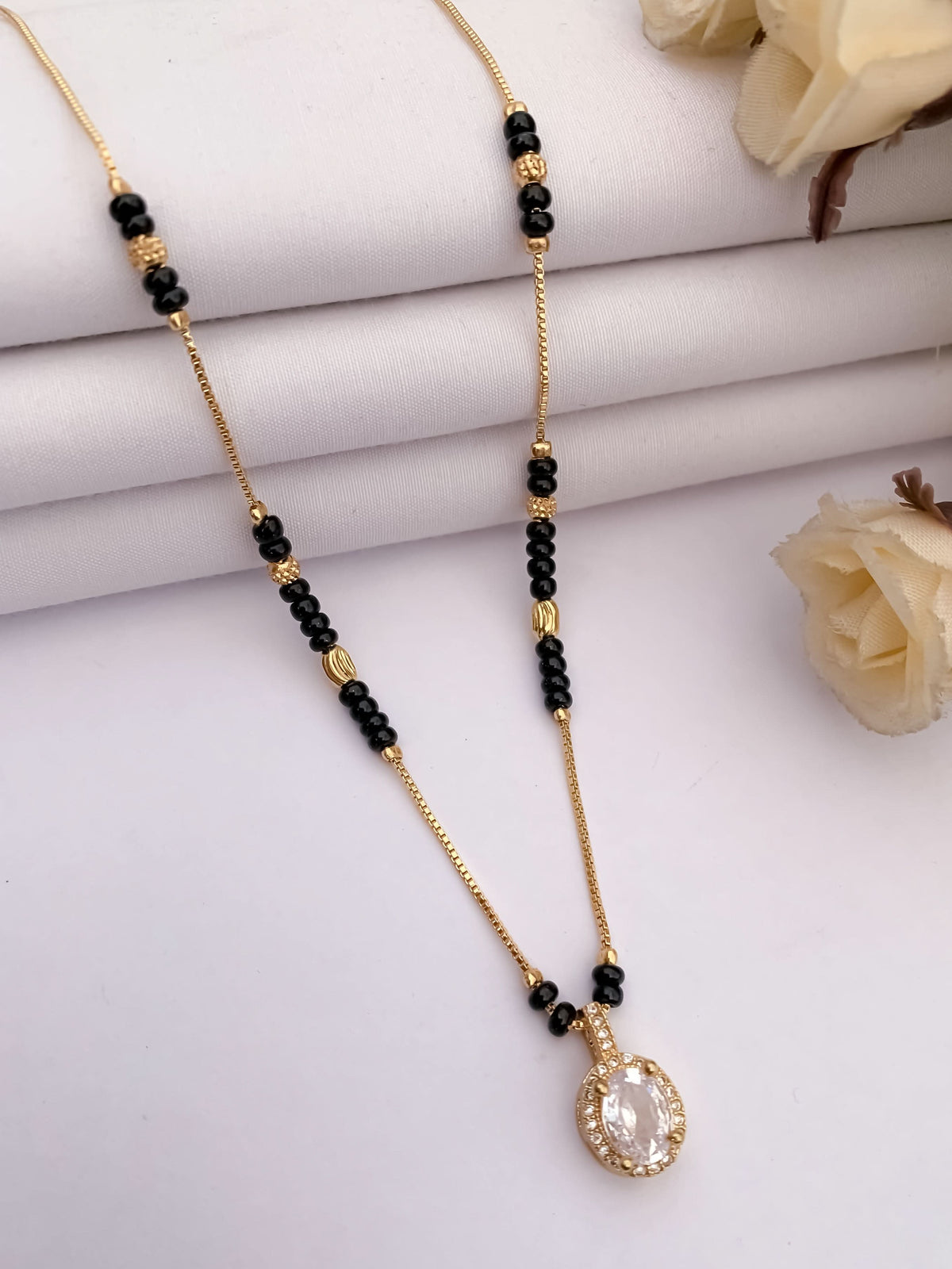 Buy 1 Get 1 Free -Gold Finish Oval CZ Drop Mangalsutra - Mangalsutra - Belleza Jewels