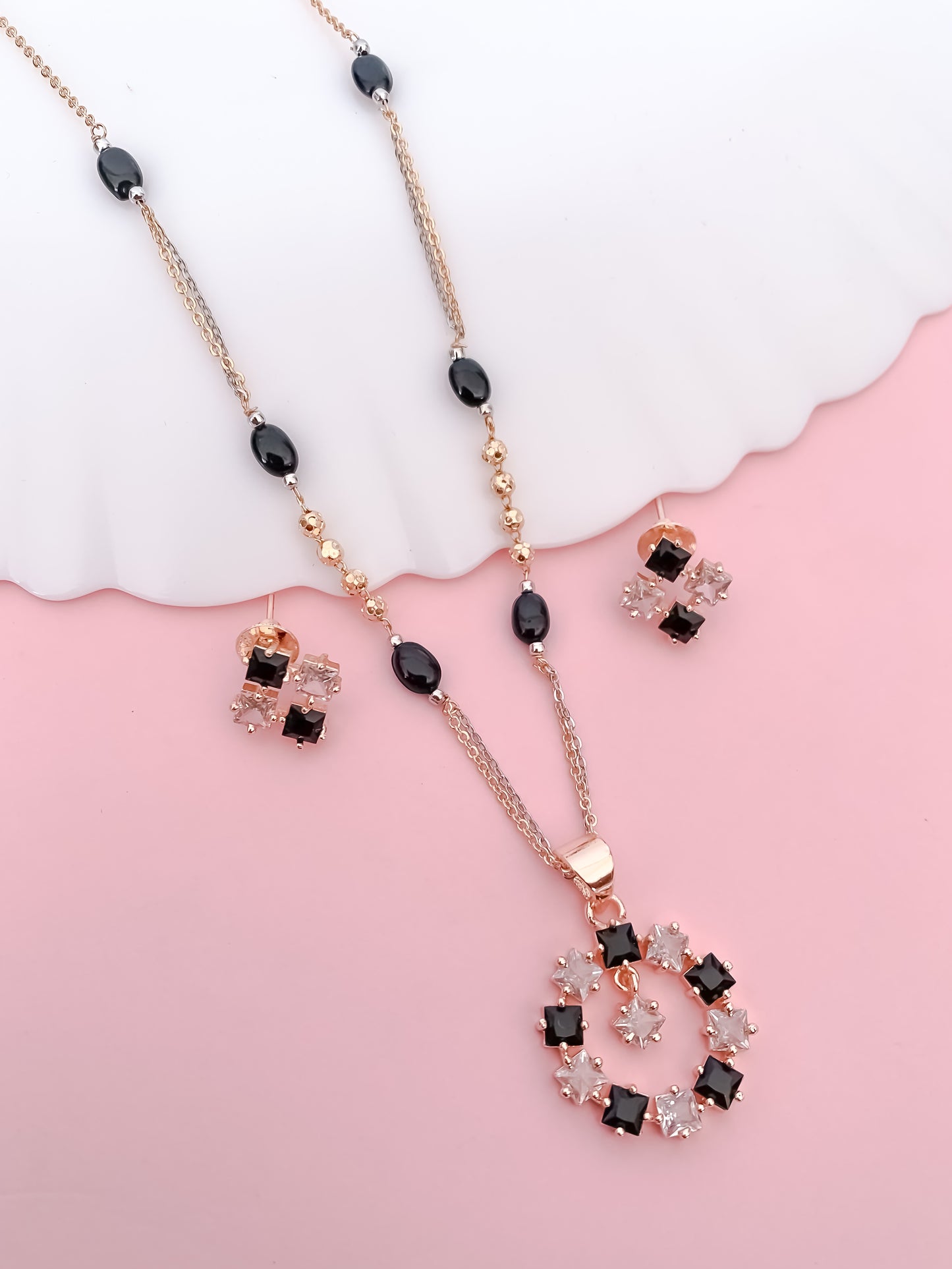Black & White Crystal Floral Pendant Set