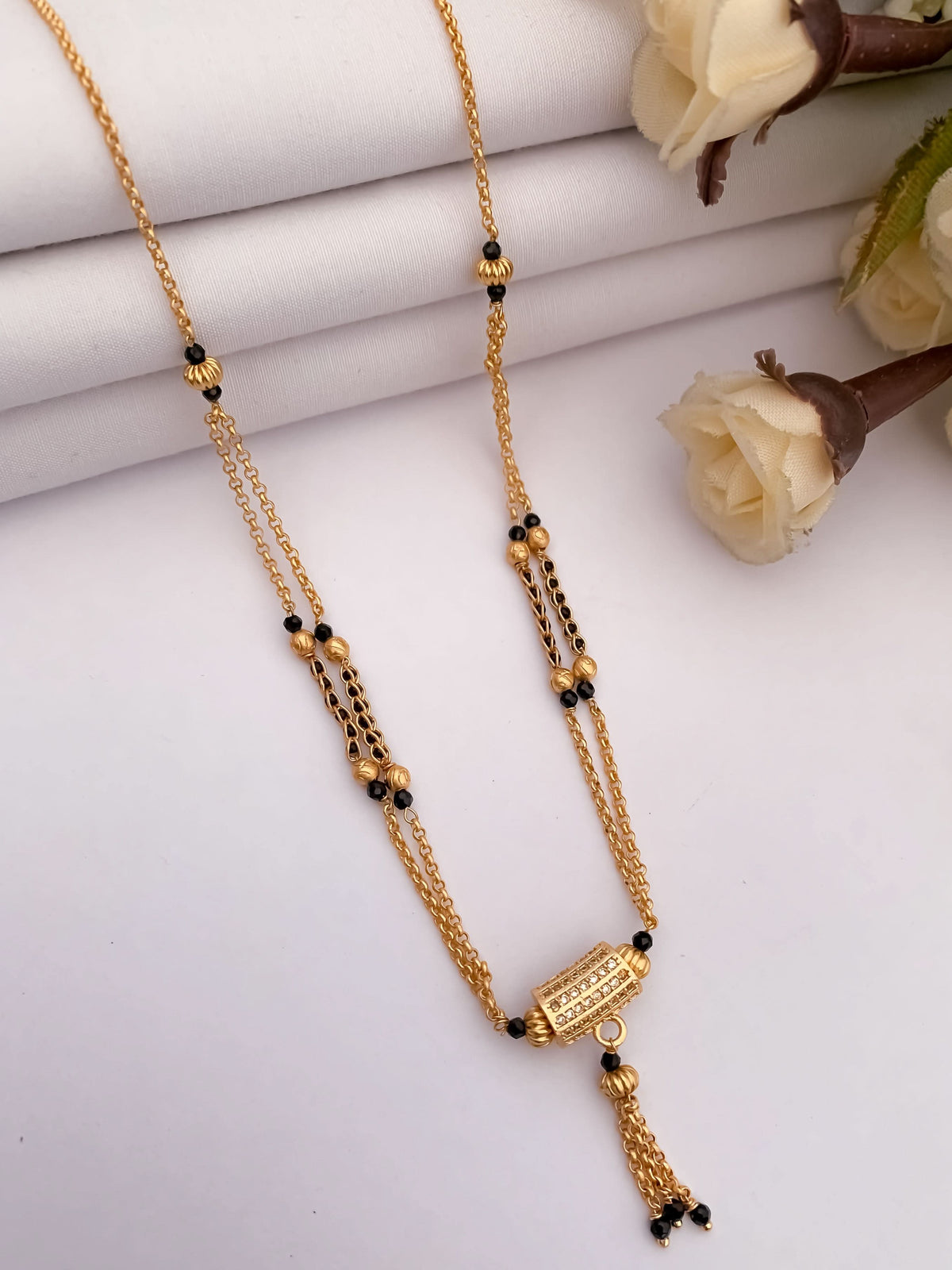Buy 1 Get 1 Free - Cylinder CZ Tassel Mangalsutra | Dual Chain Black Beads Gold Necklace - Mangalsutra - Belleza Jewels