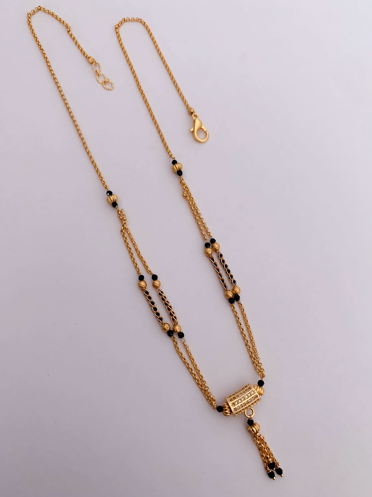 Buy 1 Get 1 Free - Cylinder CZ Tassel Mangalsutra | Dual Chain Black Beads Gold Necklace - Mangalsutra - Belleza Jewels
