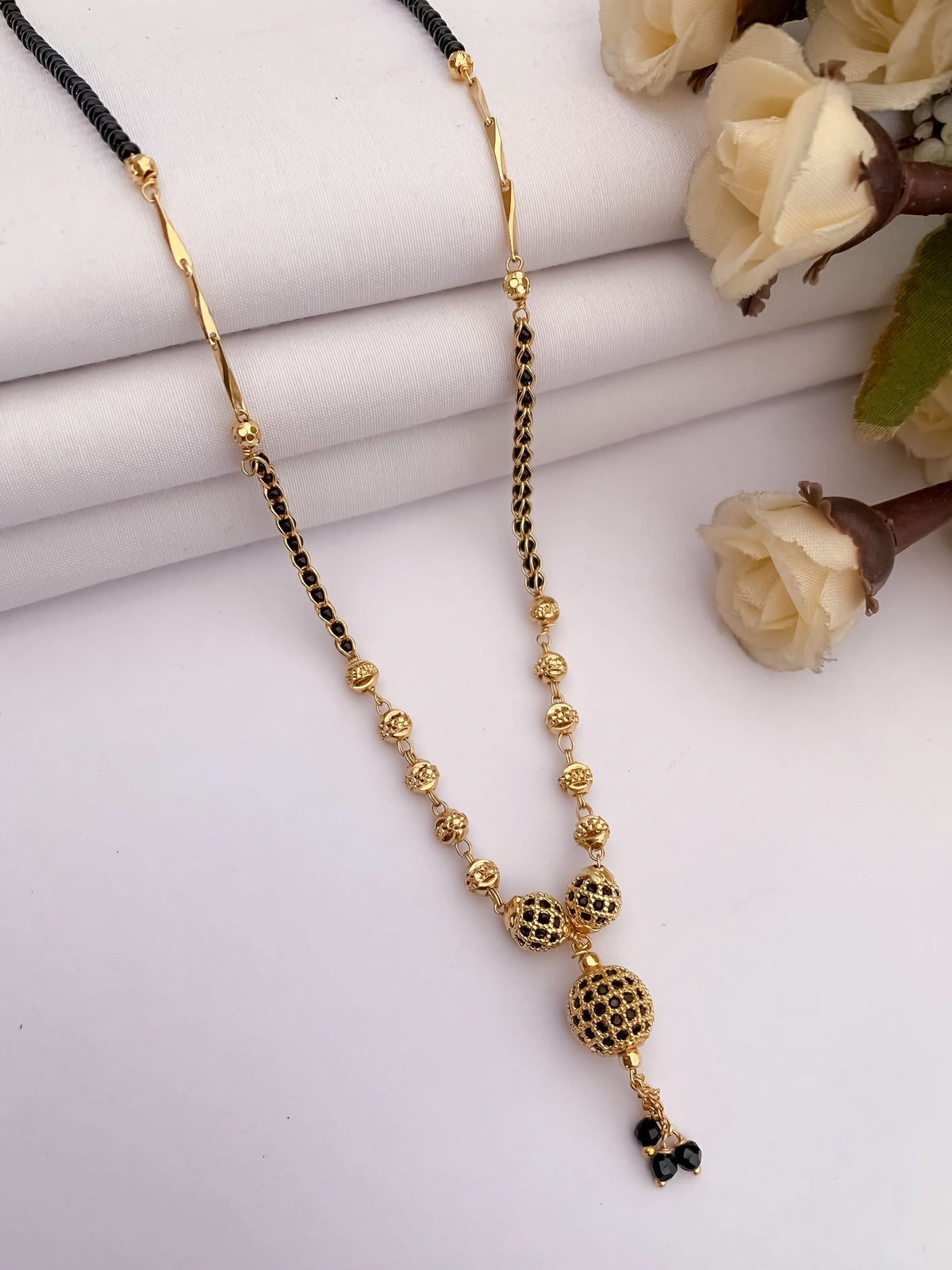 Buy 1 Get 1 Free -  Gold Finish Black Enamel Bead Drop Mangalsutra - Mangalsutra - Belleza Jewels