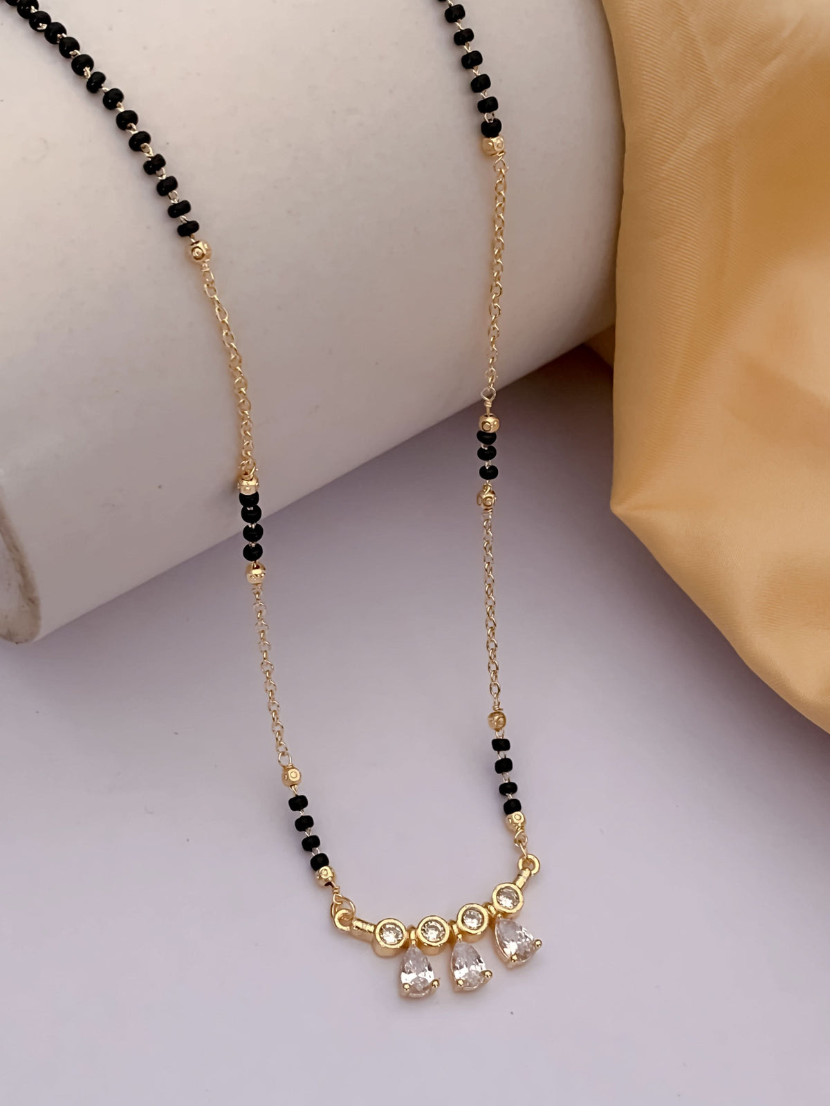 Buy 1 Get 1 Free -Trinity Drop CZ Mangalsutra | Gold Finish Black Beads Chain - Mangalsutra - Belleza Jewels