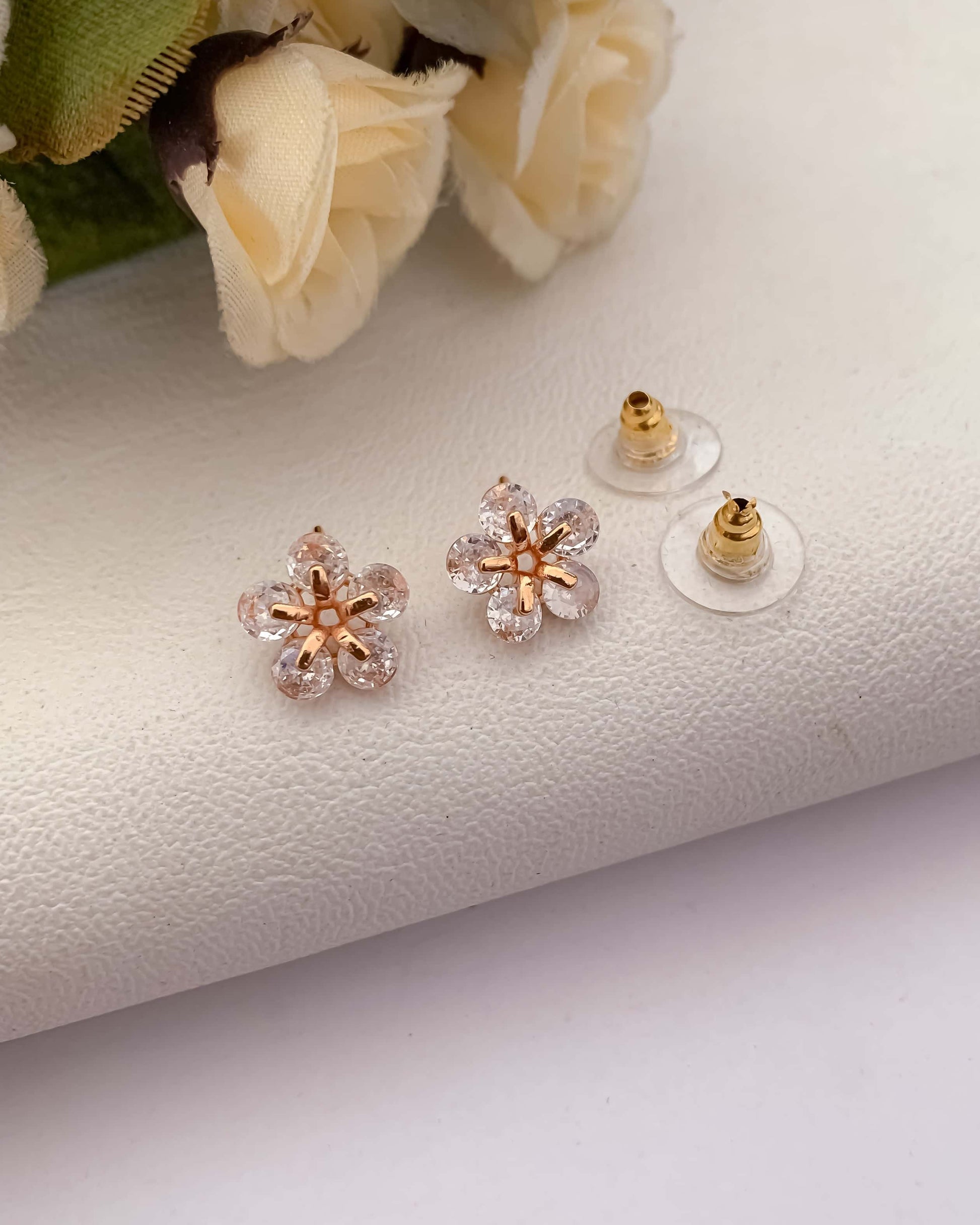BUY 1 GET 1 FREE -American Diamond Flower Shape Rose Gold Delicate Fancy Earrings - Earrings - Belleza Jewels