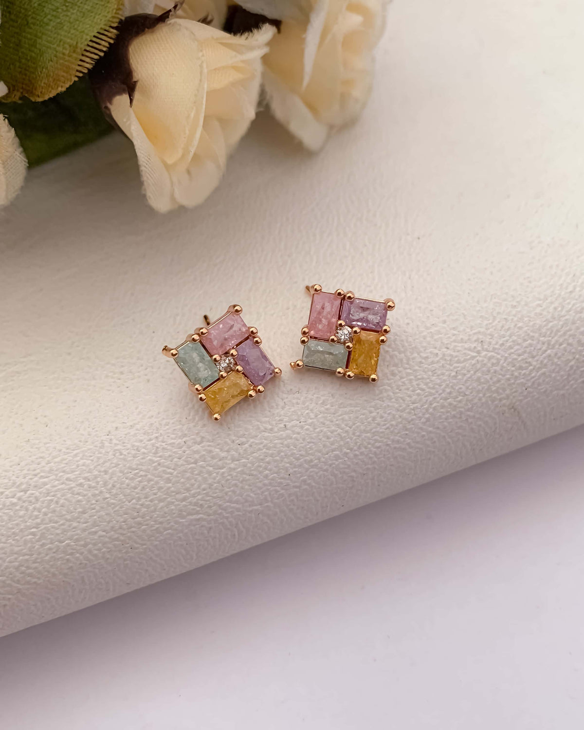BUY 1 GET 1 FREE -American Diamond Rose Gold Multi Colour Square Shape Multi Color Delicate Earrings - Earrings - Belleza Jewels