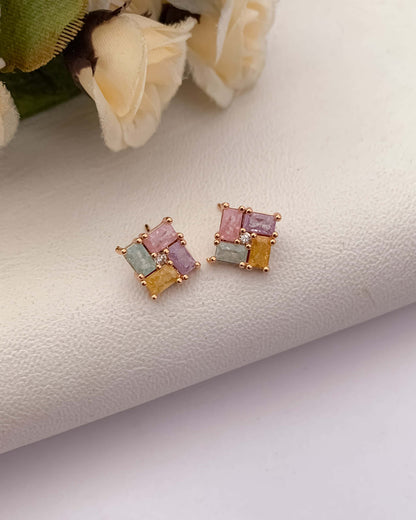 BUY 1 GET 1 FREE -American Diamond Rose Gold Multi Colour Square Shape Multi Color Delicate Earrings - Earrings - Belleza Jewels