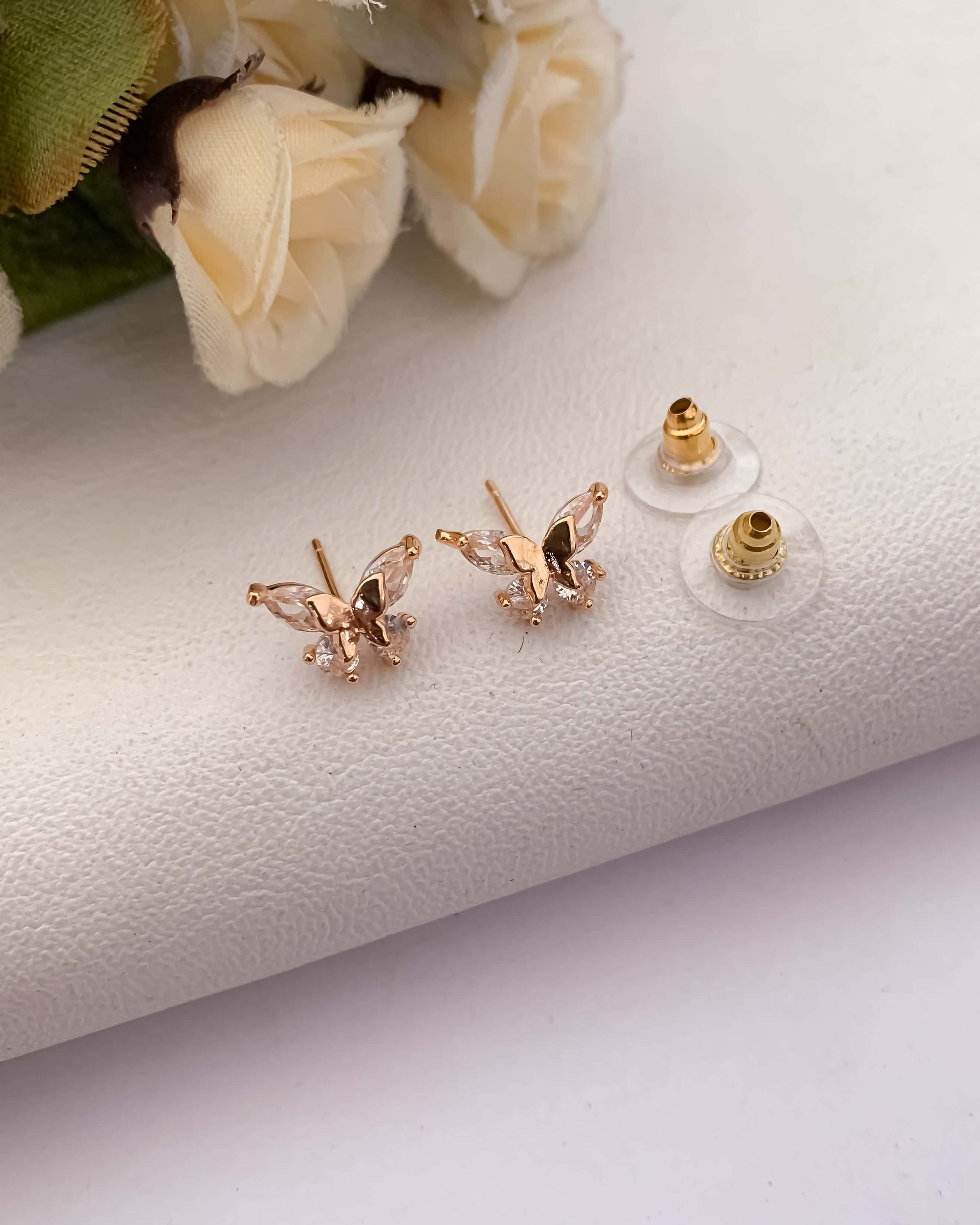 BUY 1 GET 1 FREE -American Diamond Rose Gold Butterfly Delicate Fancy Earrings - Earrings - Belleza Jewels