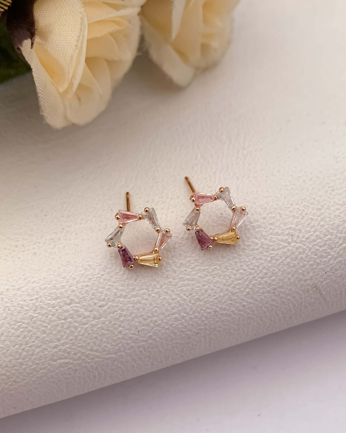 BUY 1 GET 1 FREE -American Diamond Rose Gold Multi Color Delicate Fancy Earrings - Earrings - Belleza Jewels