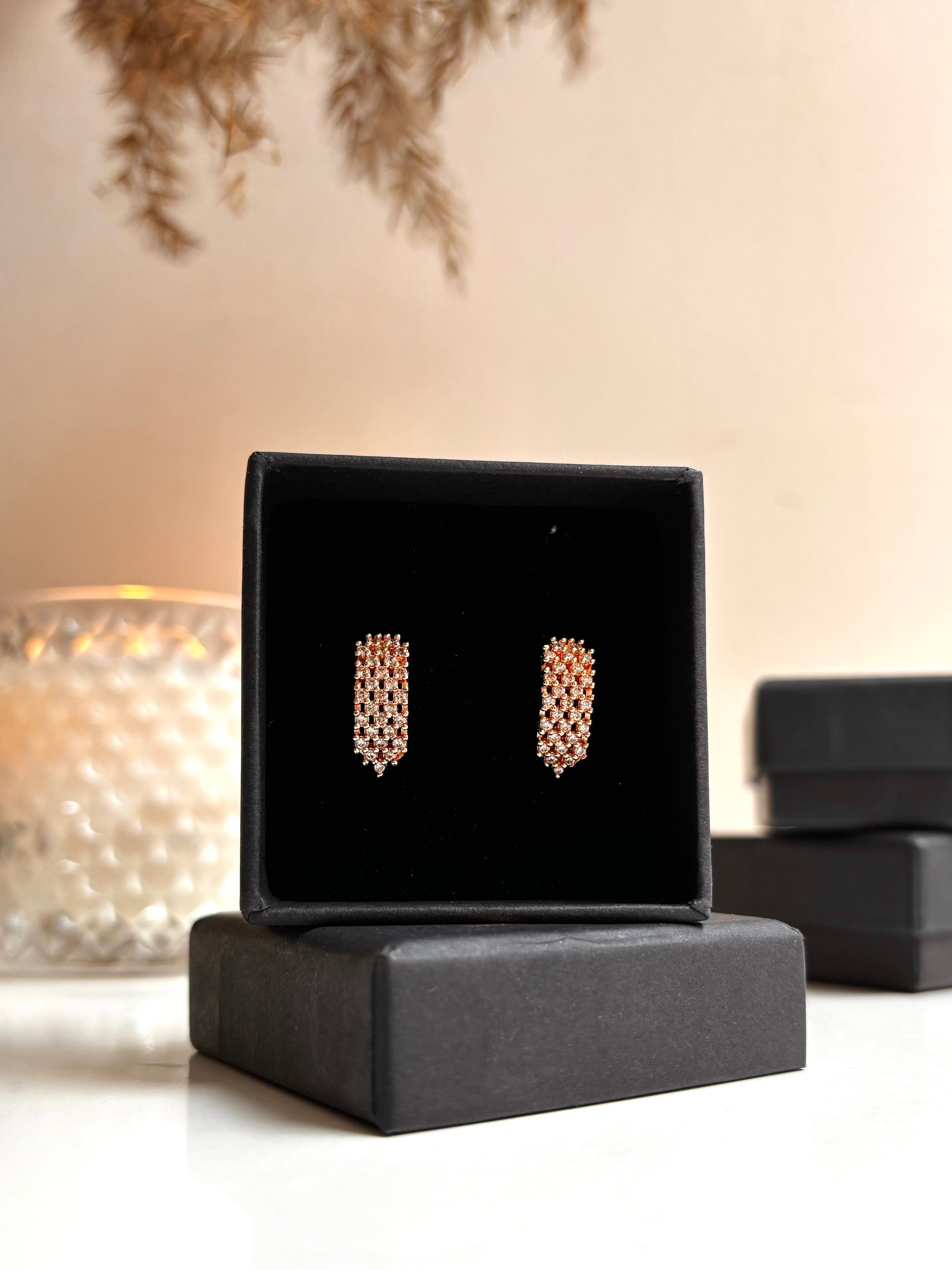 Buy 1 Get 1 Free - Cluster Glow Earrings – American Diamond Rose Gold-Plated Hoops - Earrings - Belleza Jewels