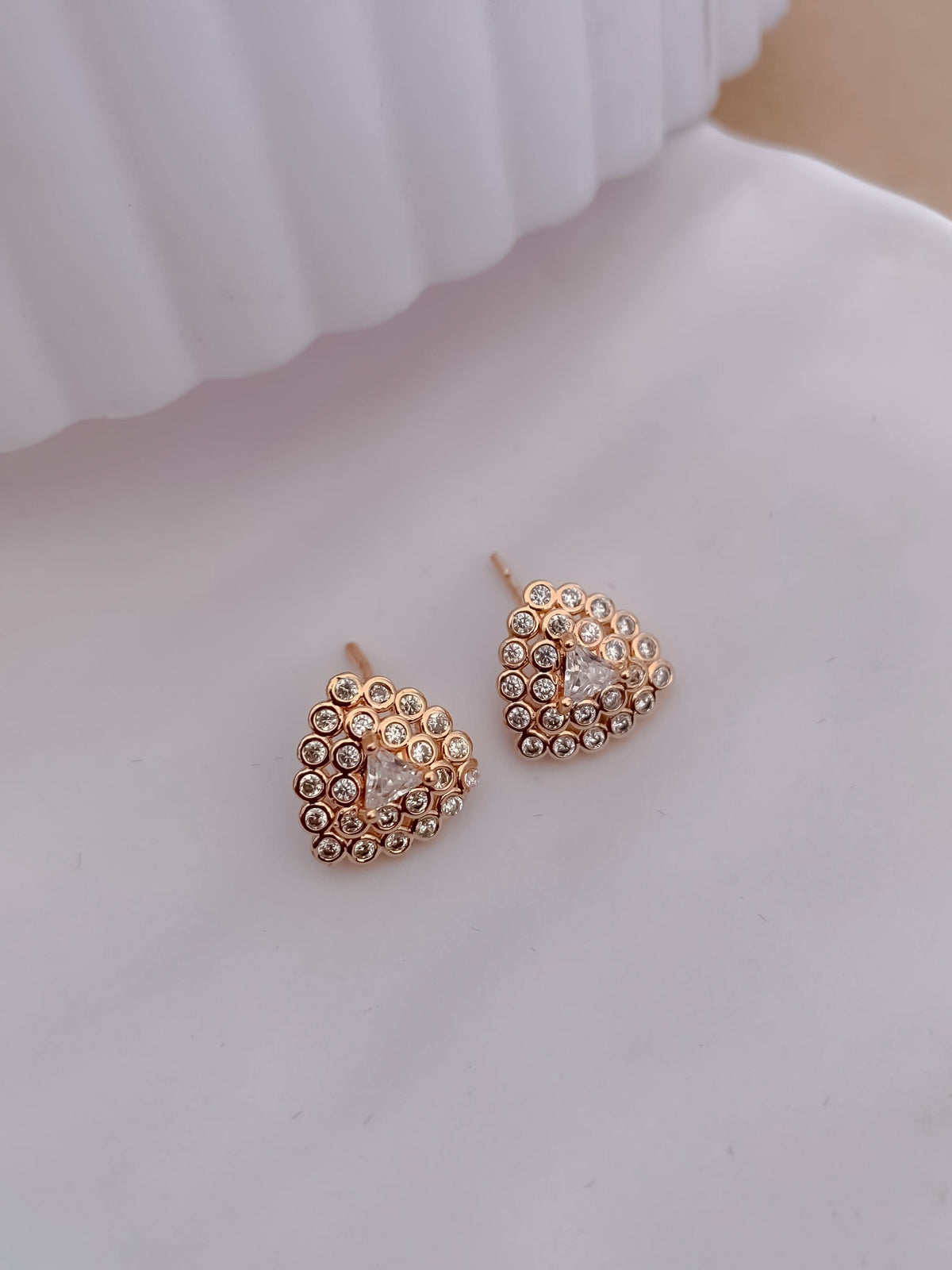 Buy 1 Get 1 Free -American Diamond Rose Gold Tringle Shape Earrings - Earrings - Belleza Jewels