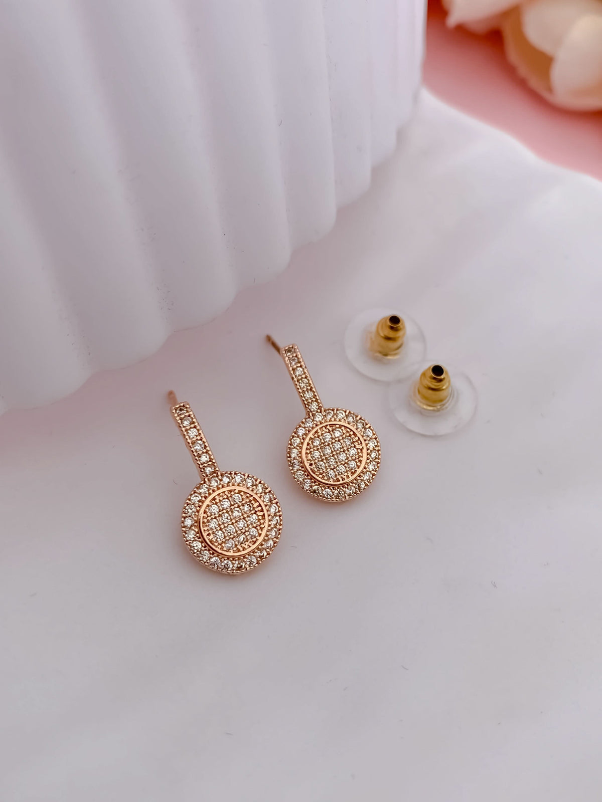 Buy 1 Get 1 Free-American Diamond Rose Gold Plated Hanging Fancy Delicate Earrings - Earrings - Belleza Jewels