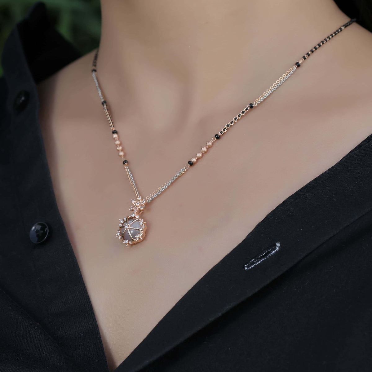 BUY 1 GET 1 FREE - American Diamond Rose Gold Plated Delicate Fancy Mangalsutra - Mangalsutra - Belleza Jewels