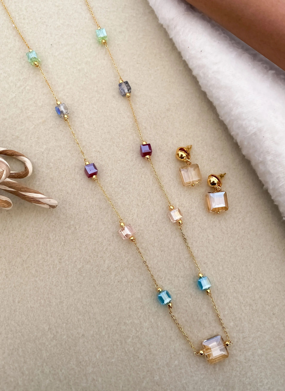 Aurora Cube Crystal Necklace & Earrings Set - Pastel Glow Edition - Western Mala Set - Belleza Jewels