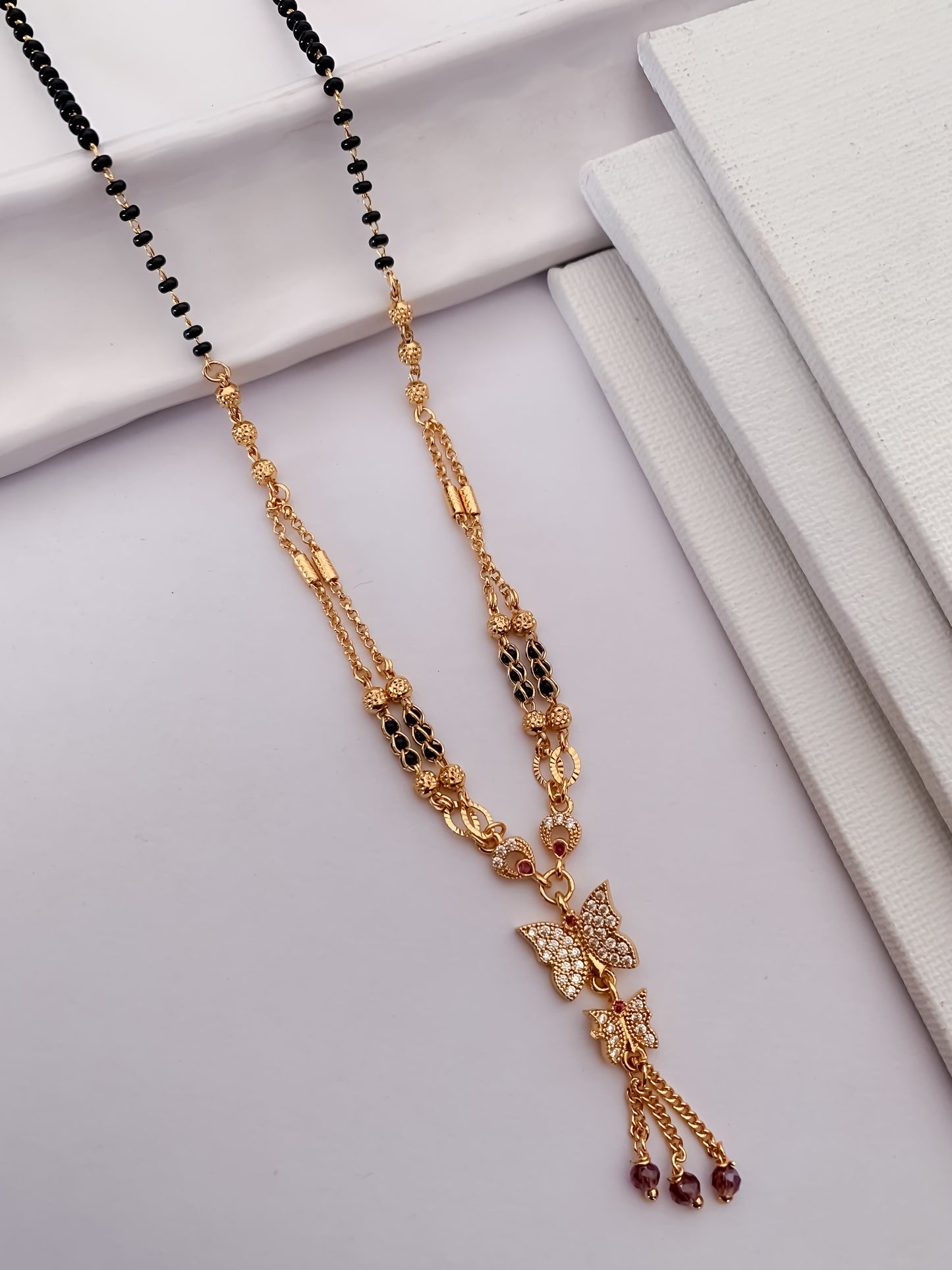 Buy 1 Get 1 Free - Butterfly Tassel Drop Mangalsutra | Dual Chain Black Beads CZ Pendant - Mangalsutra - Belleza Jewels