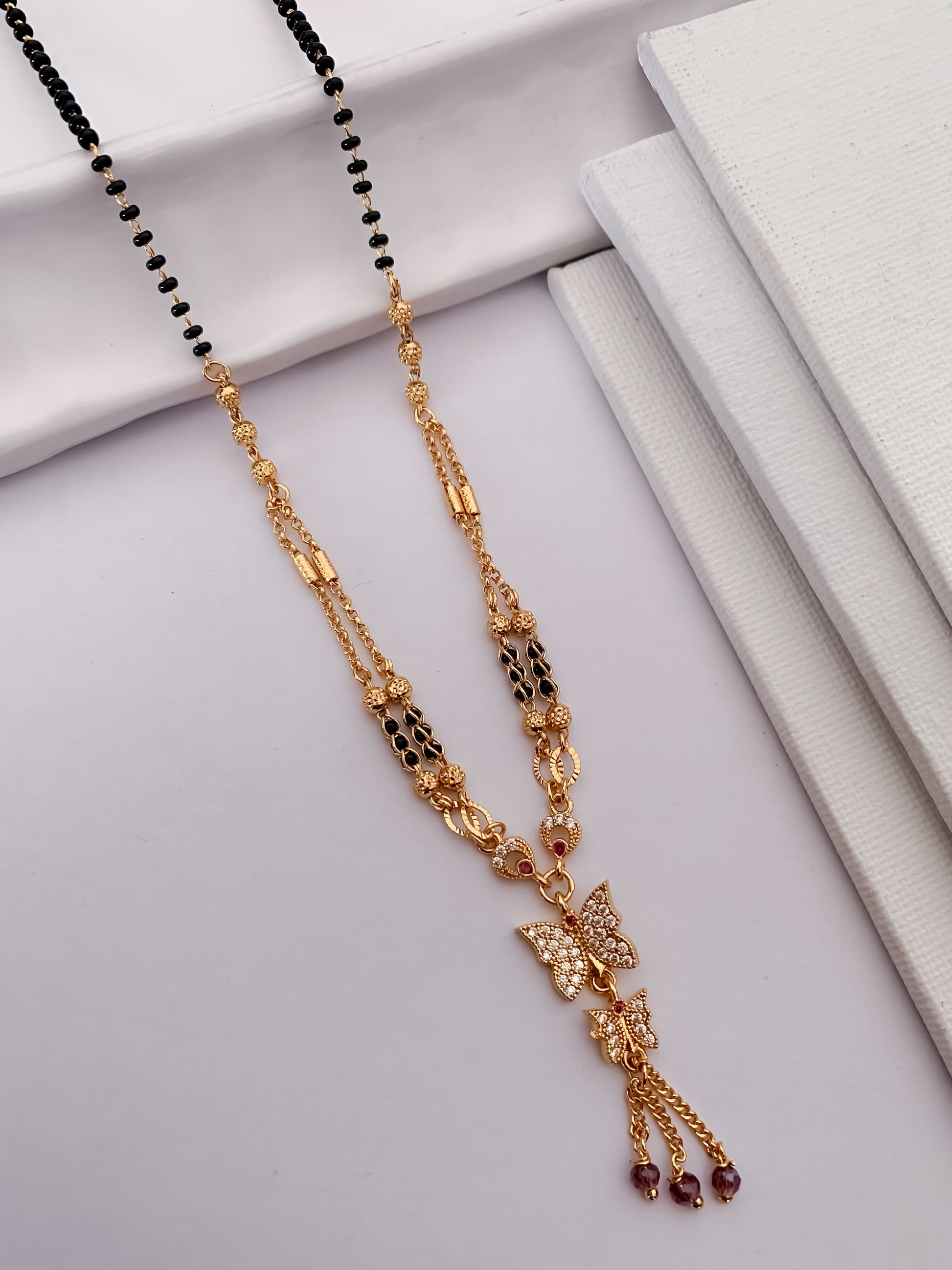 Buy 1 Get 1 Free - Butterfly Tassel Drop Mangalsutra | Dual Chain Black Beads CZ Pendant - Mangalsutra - Belleza Jewels