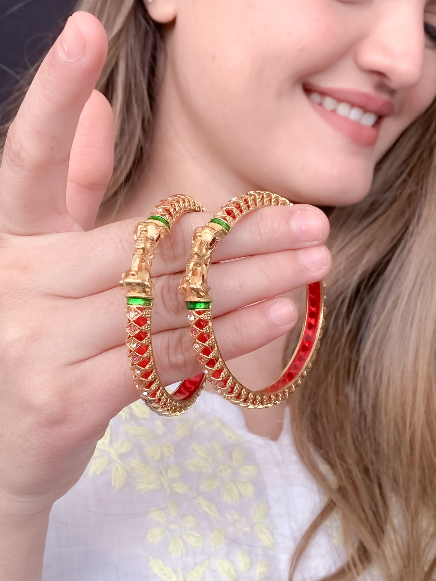 Buy 1 Get 1 Free-  Fancy High Gold Ruby Green Elephant Delicate Bangles (Set of 2)