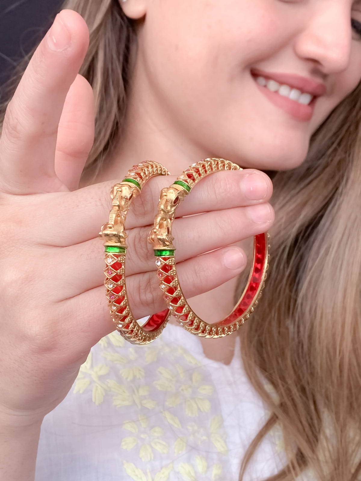 Buy 1 Get 1 Free-  Fancy High Gold Ruby Green Elephant Delicate Bangles (Set of 2) - Bangles - Belleza Jewels