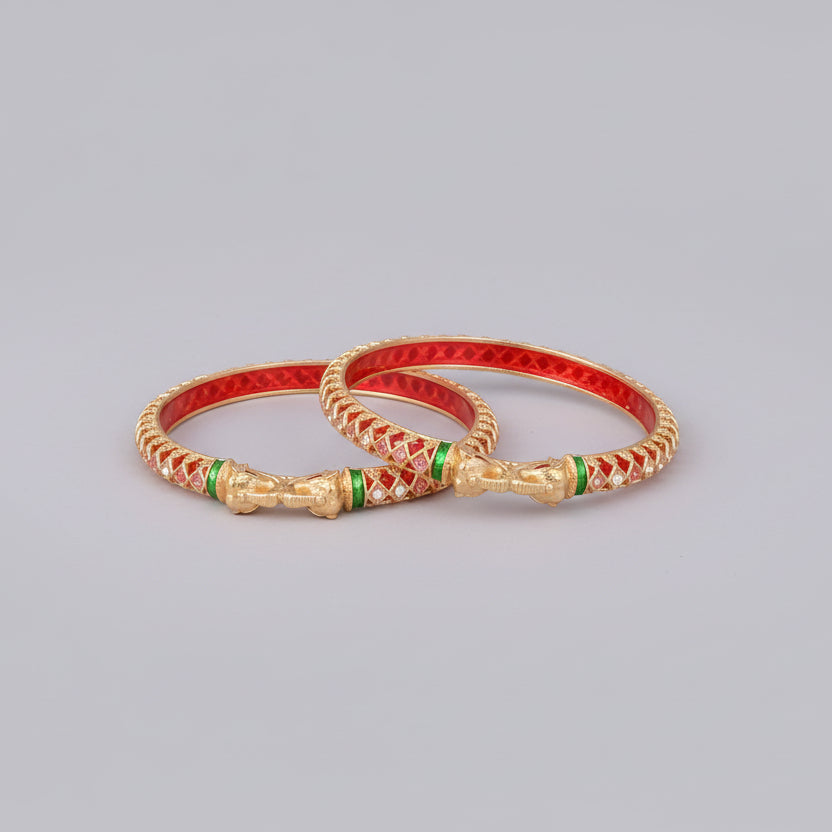 Buy 1 Get 1 Free-  Fancy High Gold Ruby Green Elephant Delicate Bangles (Set of 2) - Bangles - Belleza Jewels