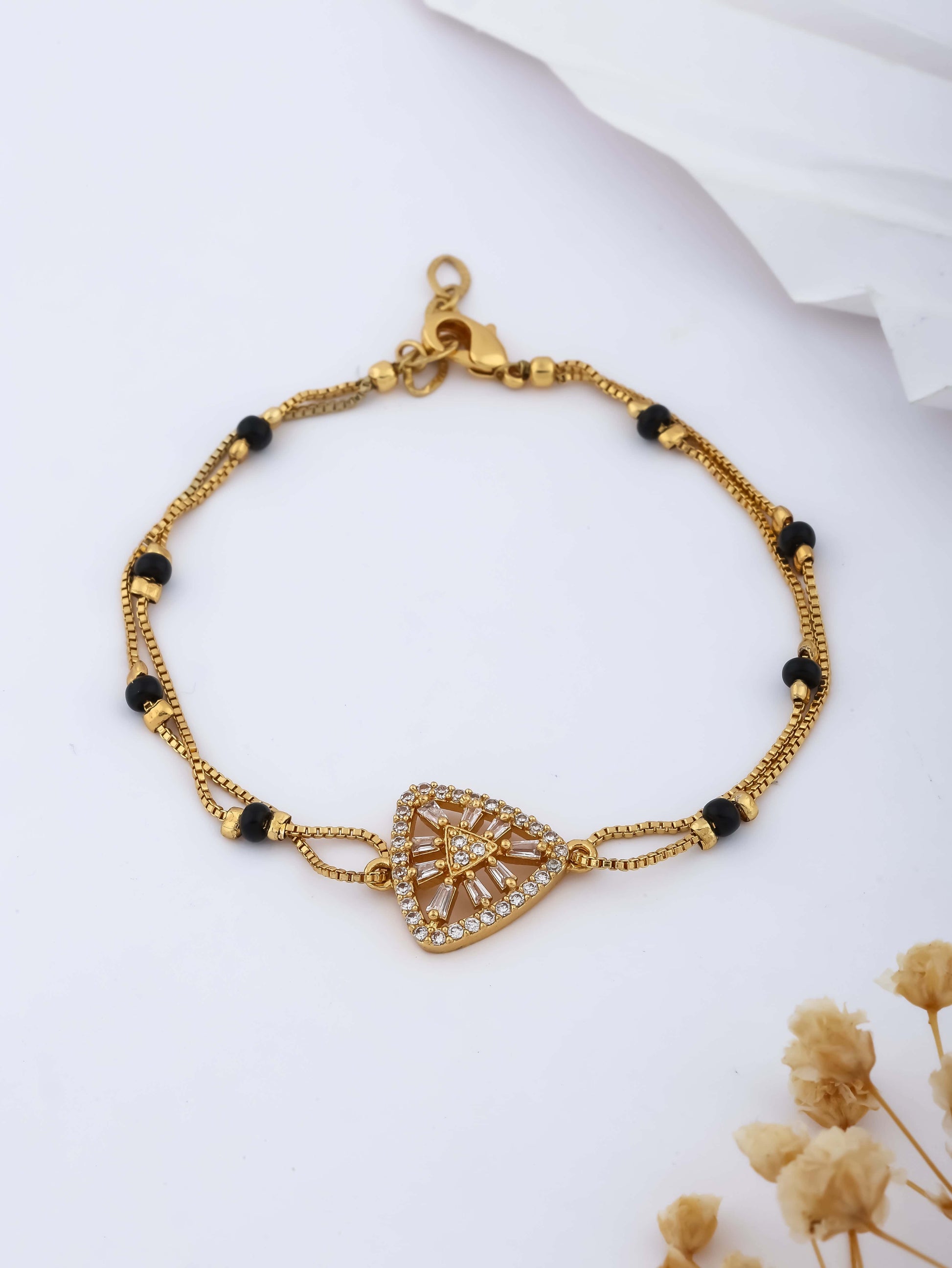 American Diamond Gold Plated Triangle Shape Fancy Hand Mangalsutra - Hand Mangalsutra - Belleza Jewels