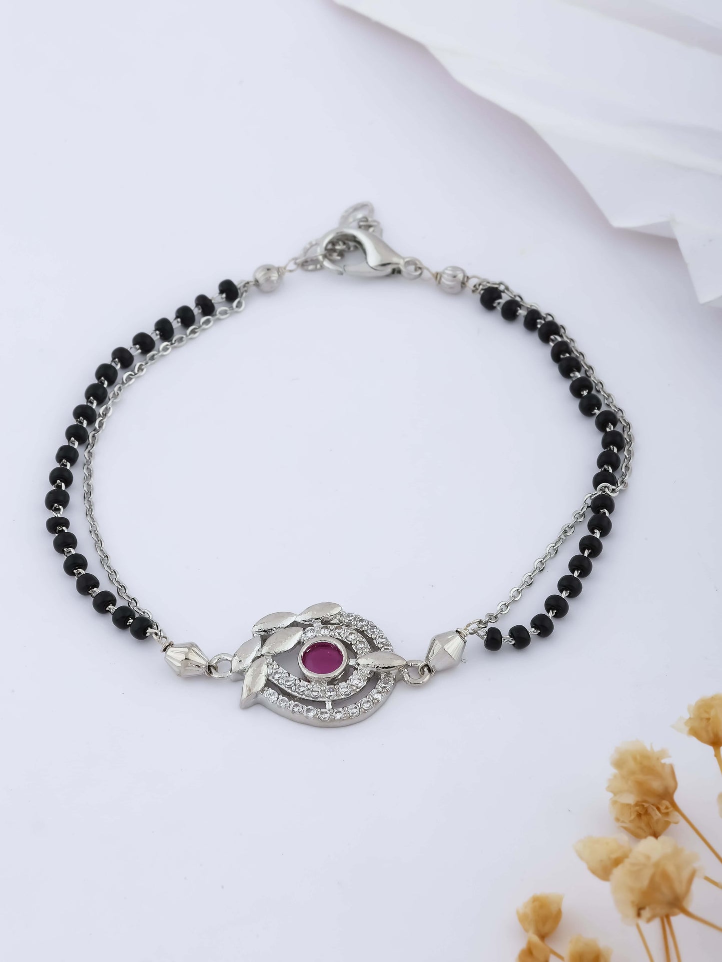 American Diamond Silver Ruby Fancy Delicate Hand Mangalsutra - Hand Mangalsutra - Belleza Jewels