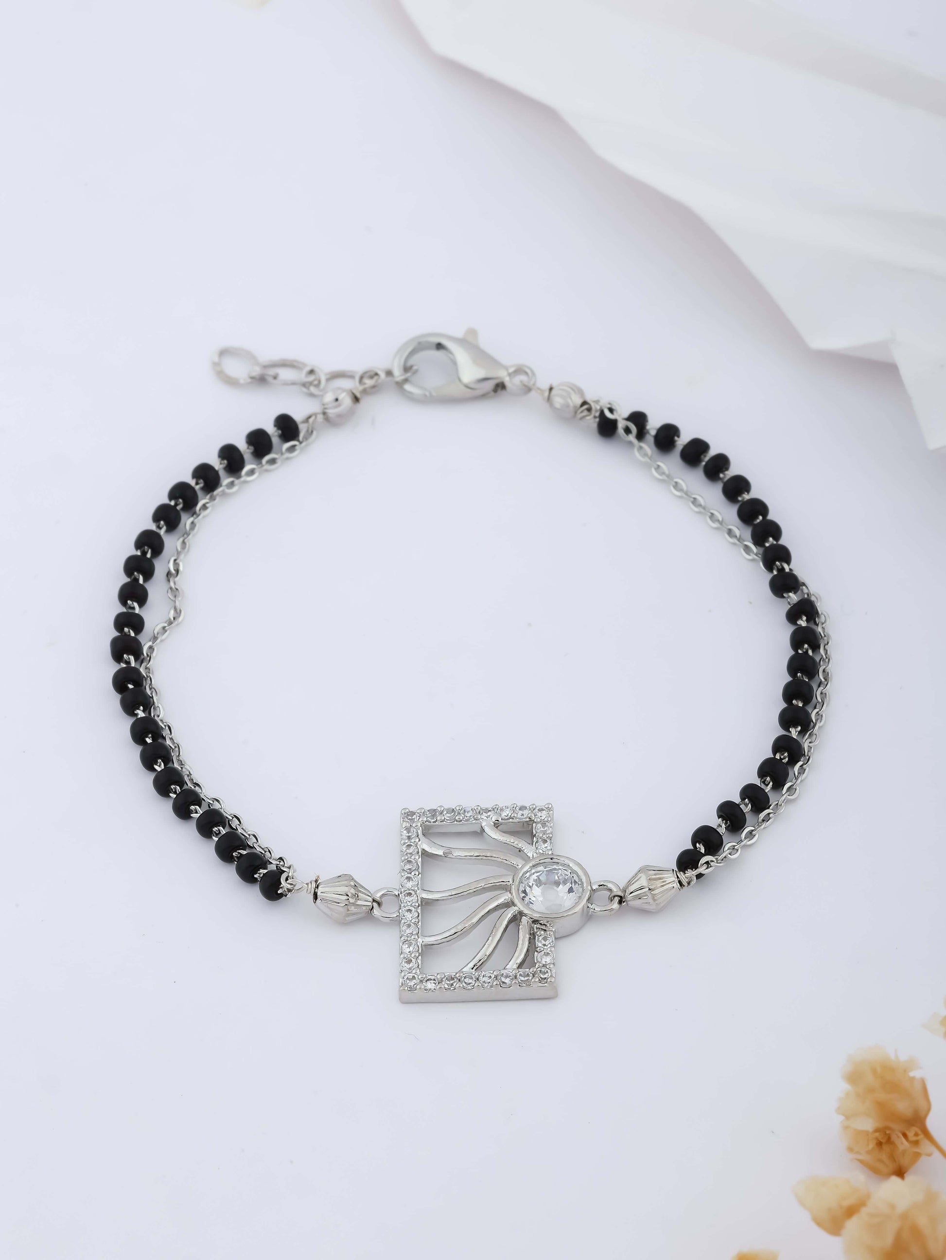 American Diamond Silver Rectangle Fancy Delicate Hand Mangalsutra - Hand Mangalsutra - Belleza Jewels