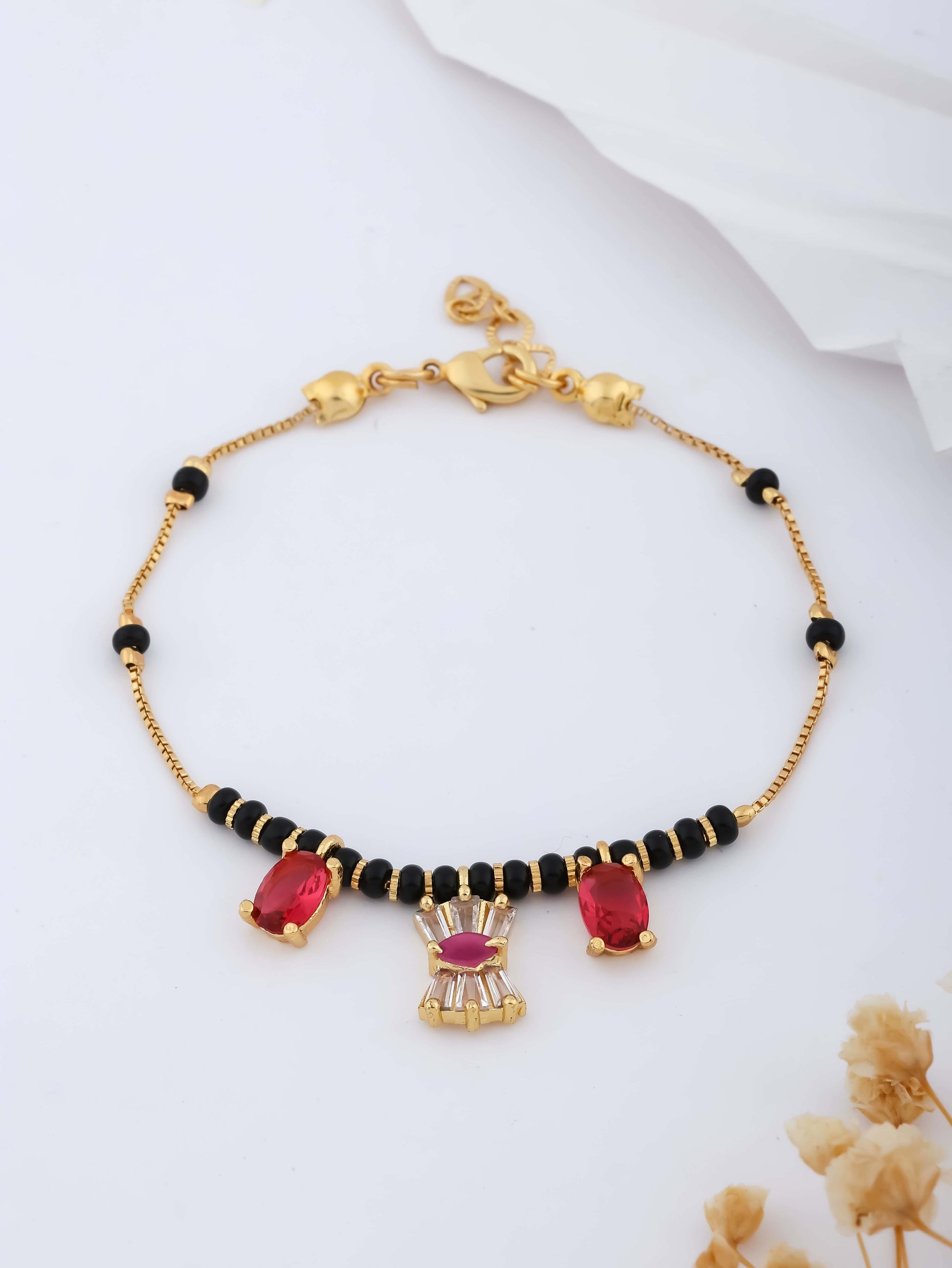 Fancy Ruby Gold Plated Delicate Hand Mangalsutra - Hand Mangalsutra - Belleza Jewels