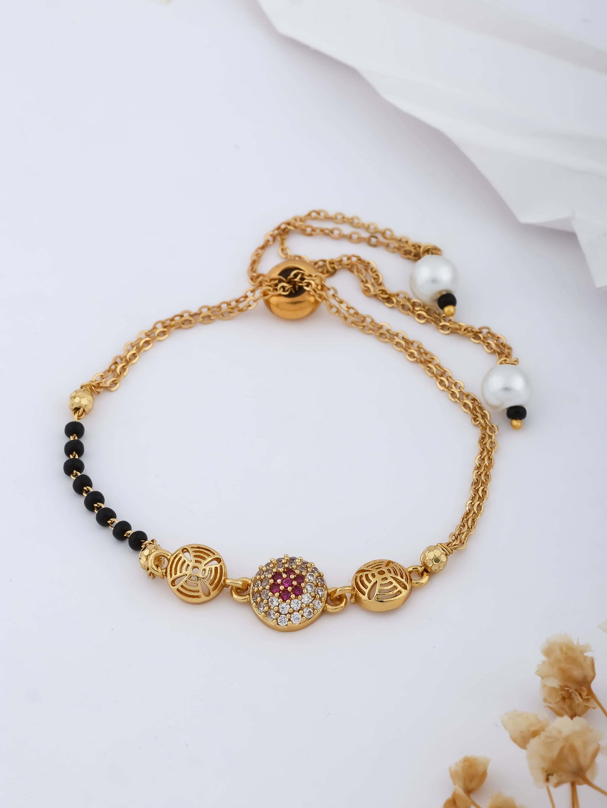 American Diamond Gold Ruby Round Shape Fancy Hand Mangalsutra - Hand Mangalsutra - Belleza Jewels