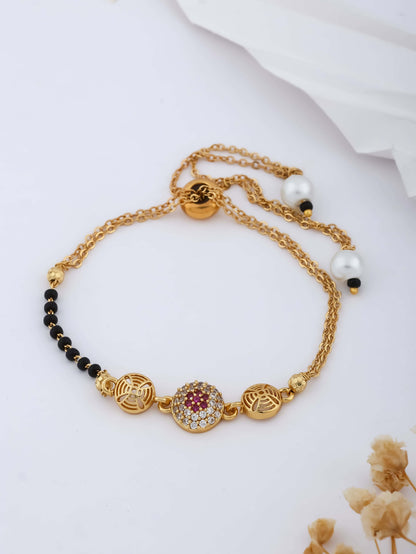 American Diamond Gold Ruby Round Shape Fancy Hand Mangalsutra - Hand Mangalsutra - Belleza Jewels