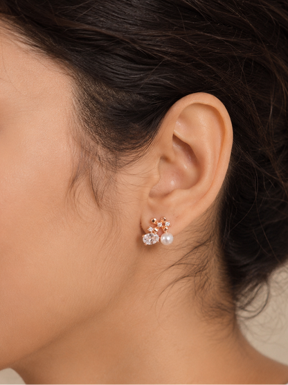 Rose Gold Floral Pearl & Zircon Stud Earrings | Anti-Tarnish Everyday Elegance