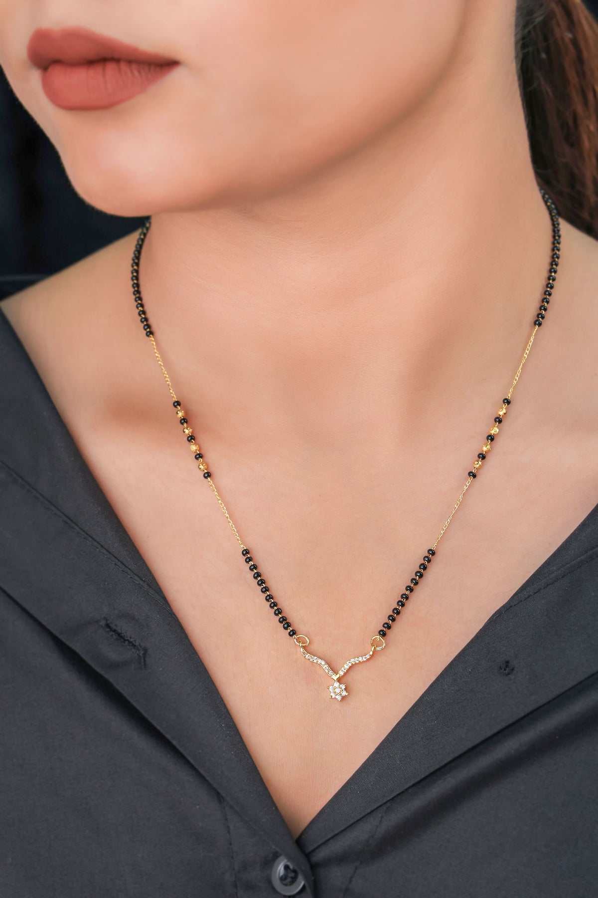 Buy 1 Get 1 Free -Gold Plated V-Shaped Crystal Pendant Mangalsutra with Black Beads - Mangalsutra - Belleza Jewels