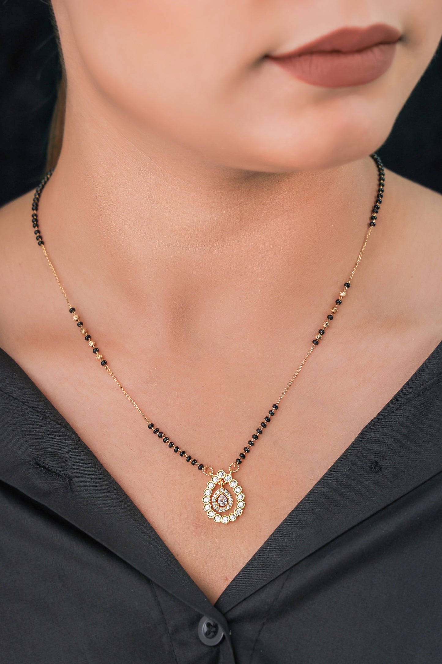 BUY 1 GET 1 FREE- American Diamond High Gold Plated Oval Shape Fancy Mangalsutra