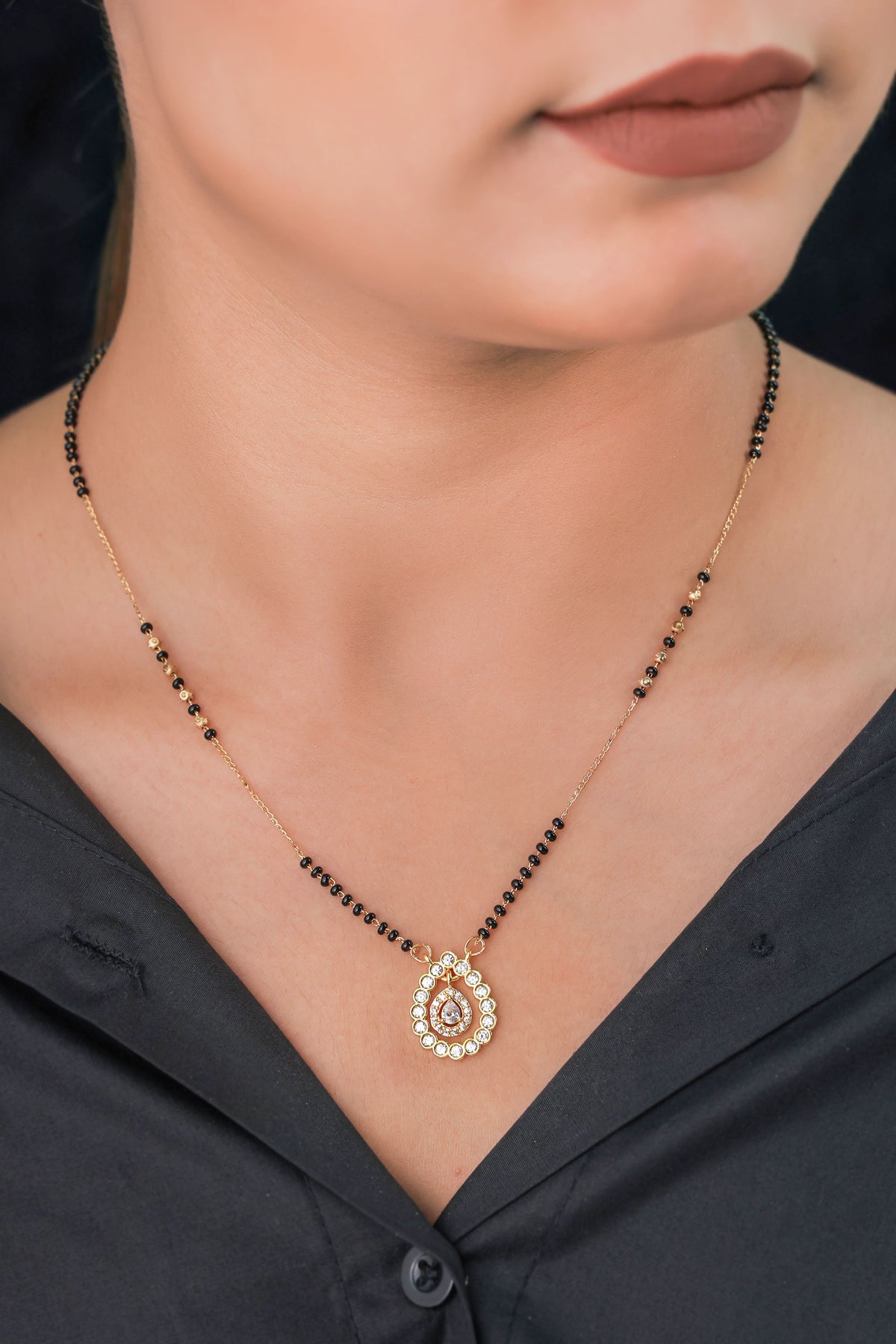 BUY 1 GET 1 FREE- American Diamond High Gold Plated Oval Shape Fancy Mangalsutra