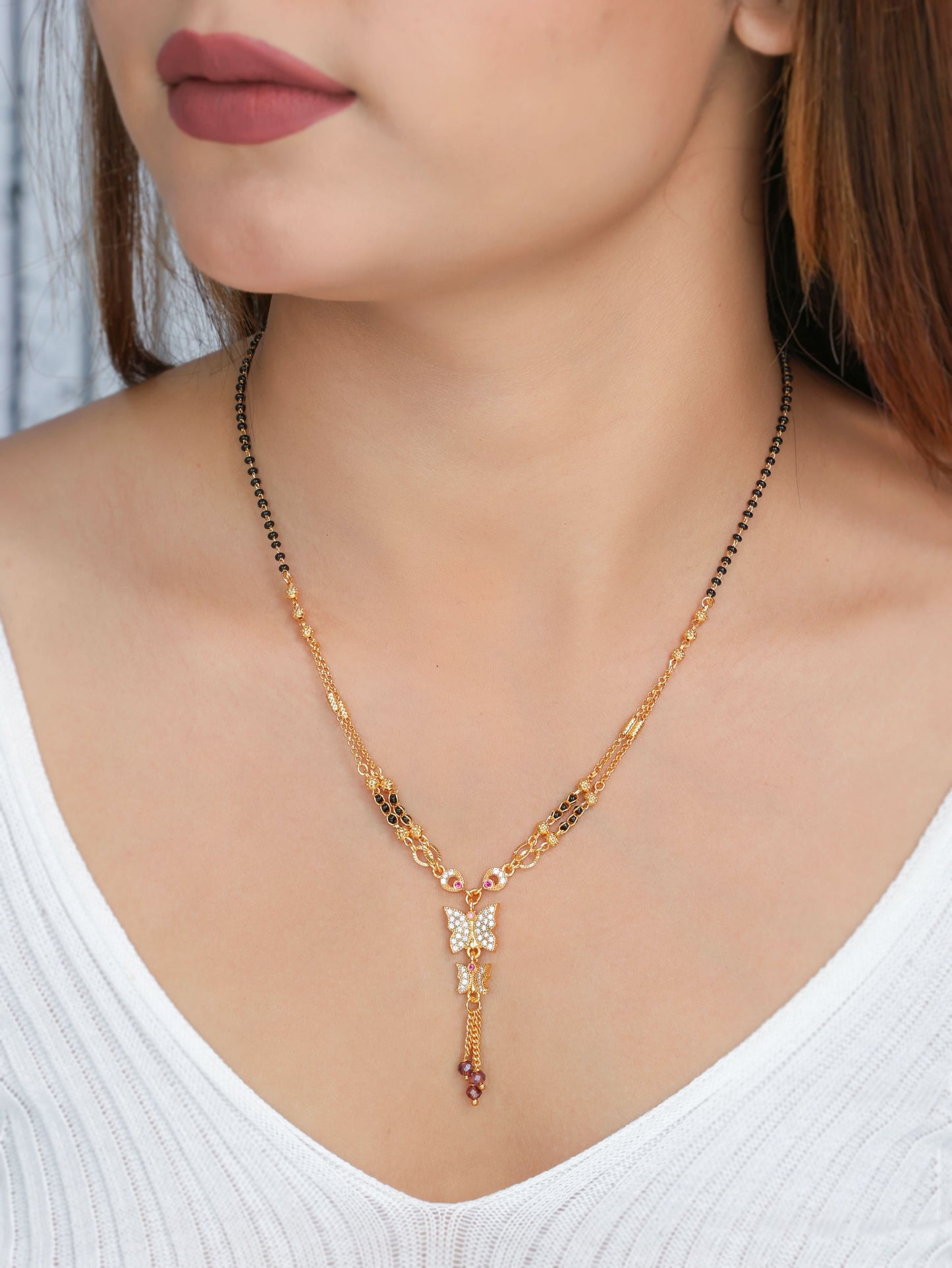 Buy 1 Get 1 Free - American Diamond Gold Plated Butterfly Shape Fancy Mangalsutra