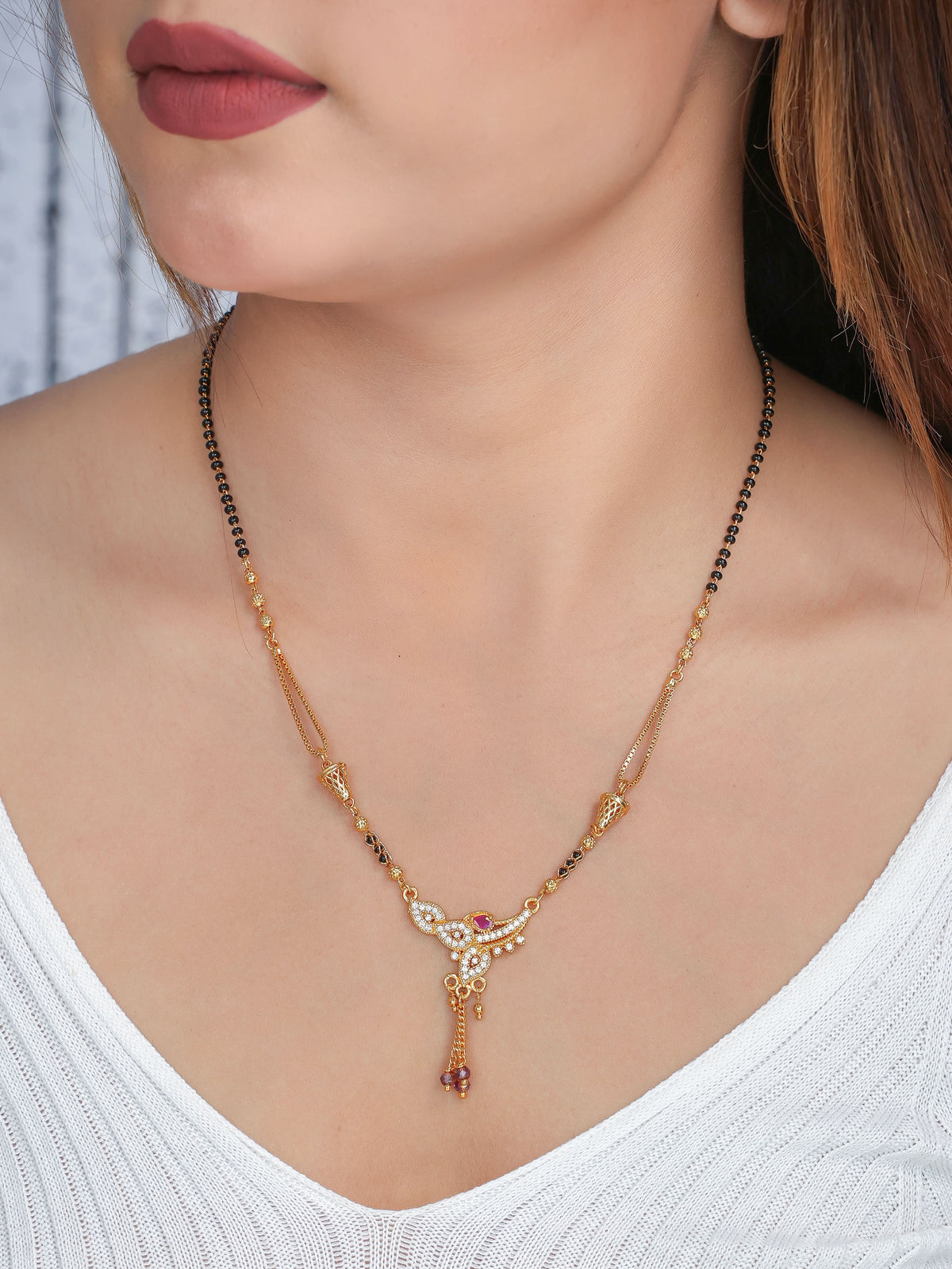 Buy 1 Get 1 Free - Designer CZ Floral Drop Mangalsutra with Black Beads - Mangalsutra - Belleza Jewels
