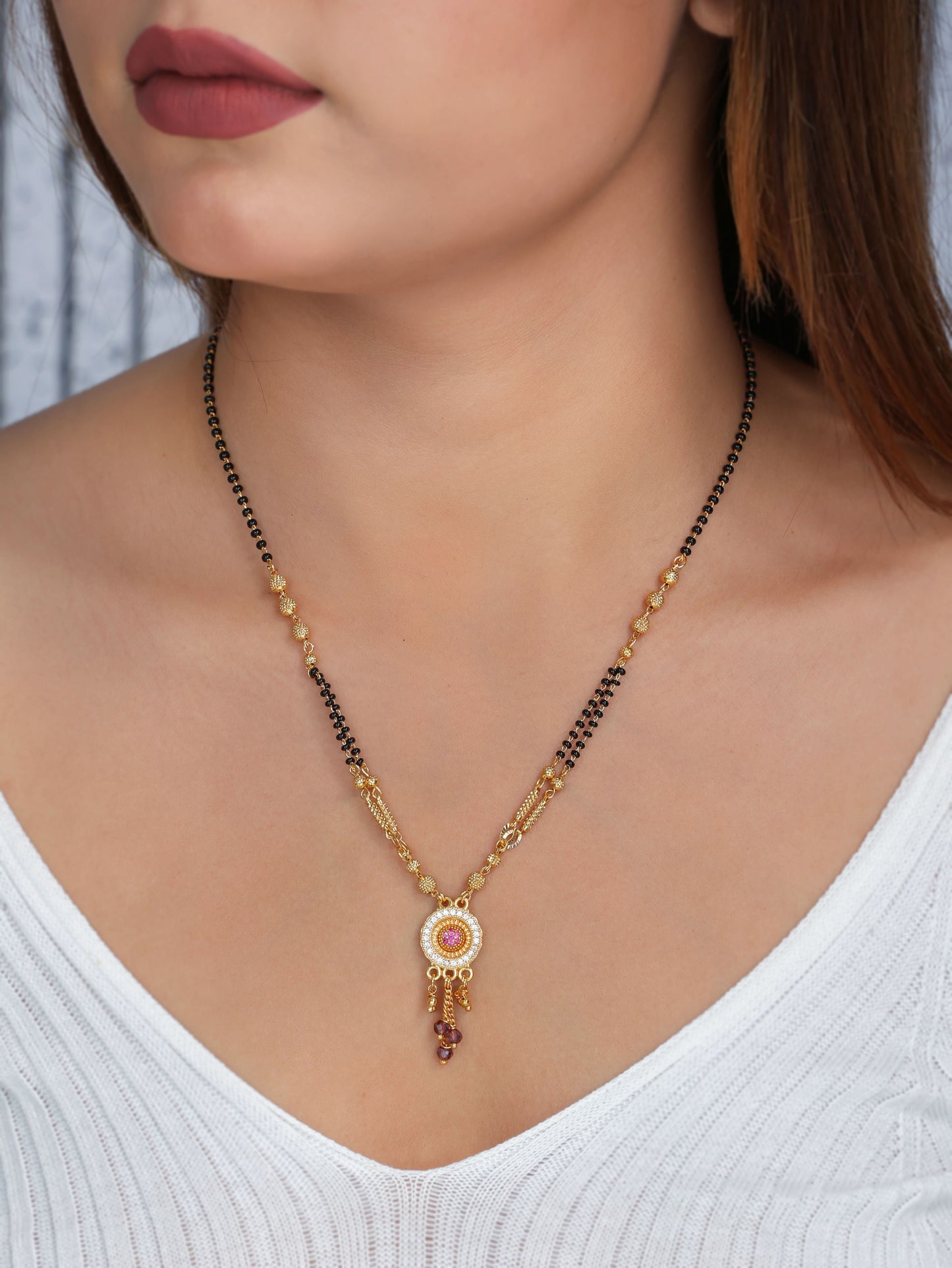 Buy 1 Get 1 Free - American Diamond High Gold Plated Ruby Delicated  Mangalsutra