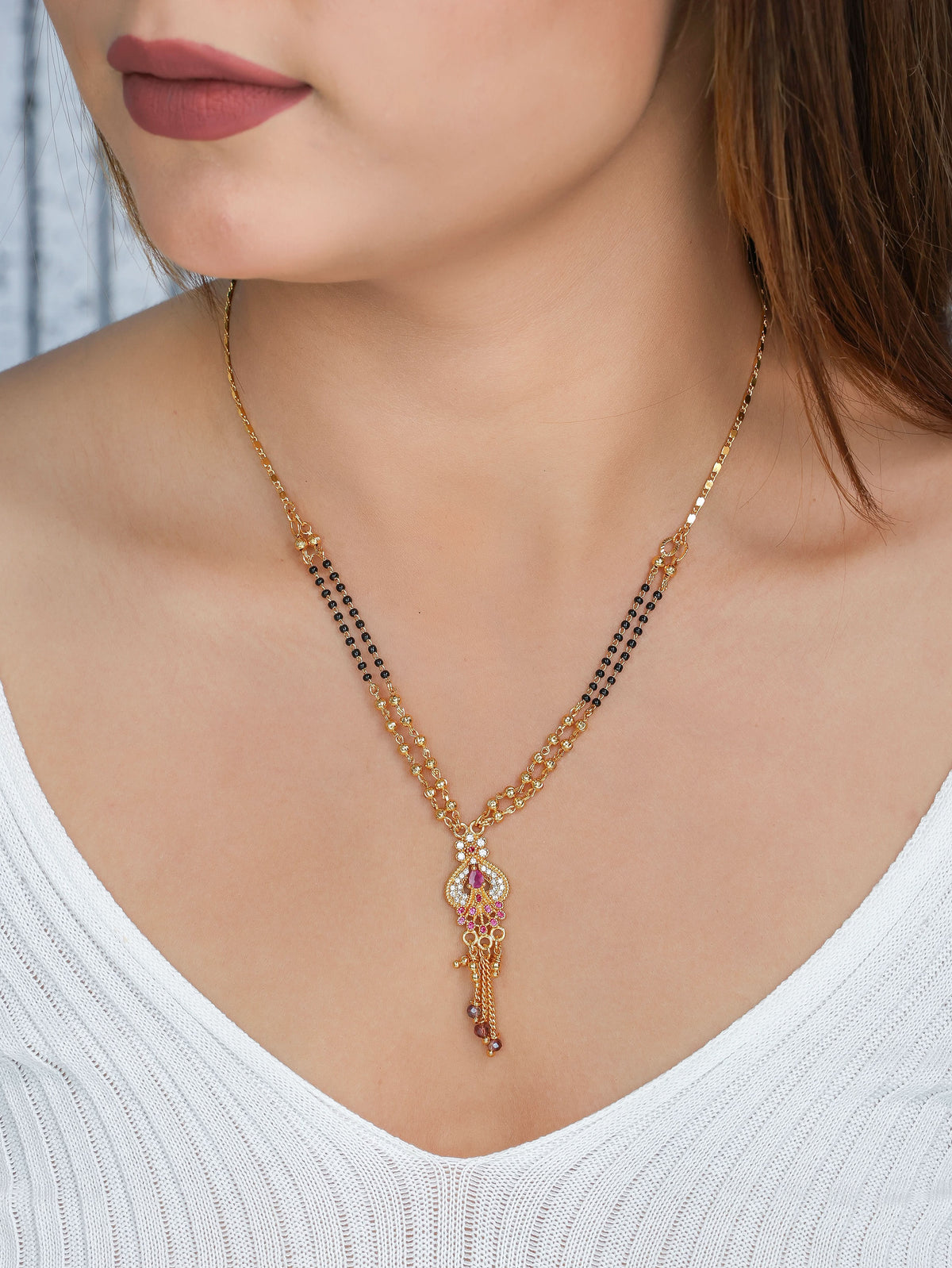 Buy 1 Get 1 Free - Traditional Dual-Line Black Beads Mangalsutra with Ruby CZ Drop Pendant - Mangalsutra - Belleza Jewels