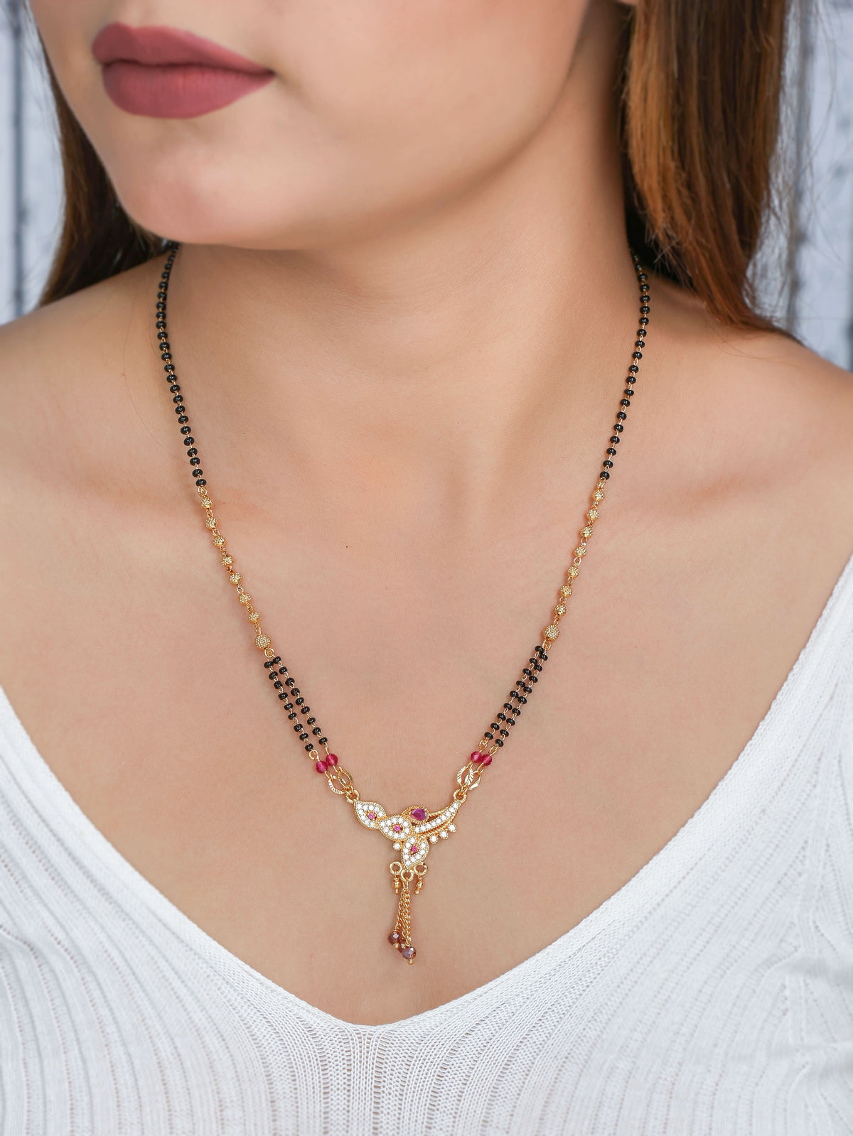Buy 1 Get 1 Free - Ruby Accent Traditional CZ Drop Mangalsutra - Mangalsutra - Belleza Jewels