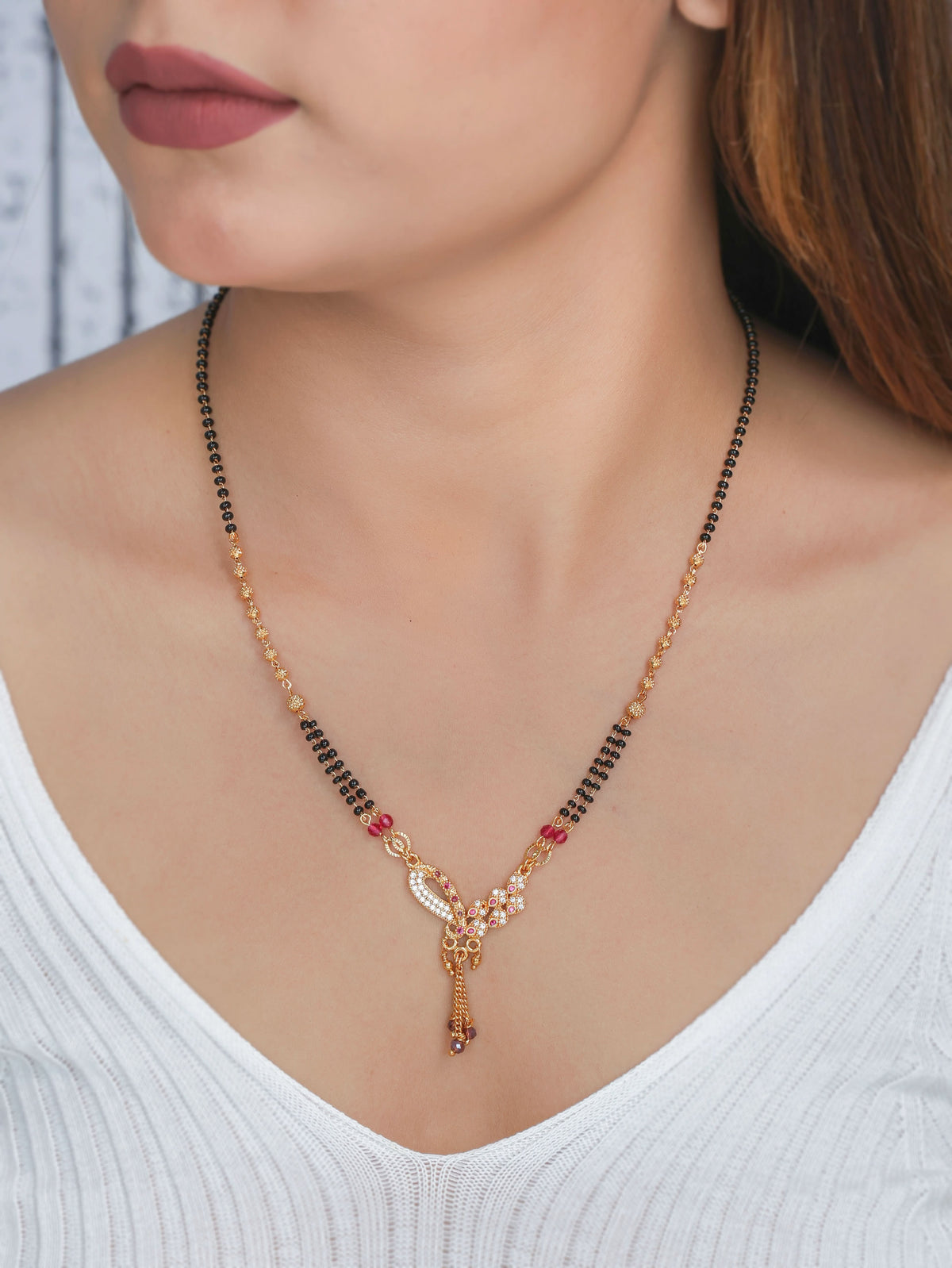 Buy 1 Get 1 Free -Gold Plated Stone Drop Pendant Mangalsutra with Black Beads - Mangalsutra - Belleza Jewels
