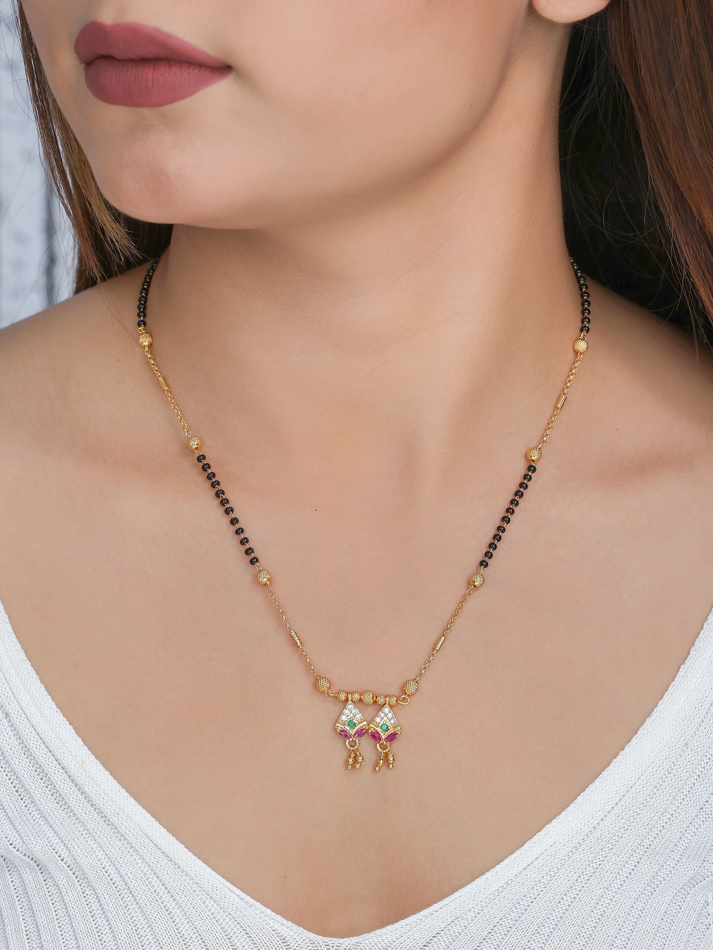 Buy 1 Get 1 Free - American Diamond Gold Plated Ruby Fancy Delicate Mangalsutra