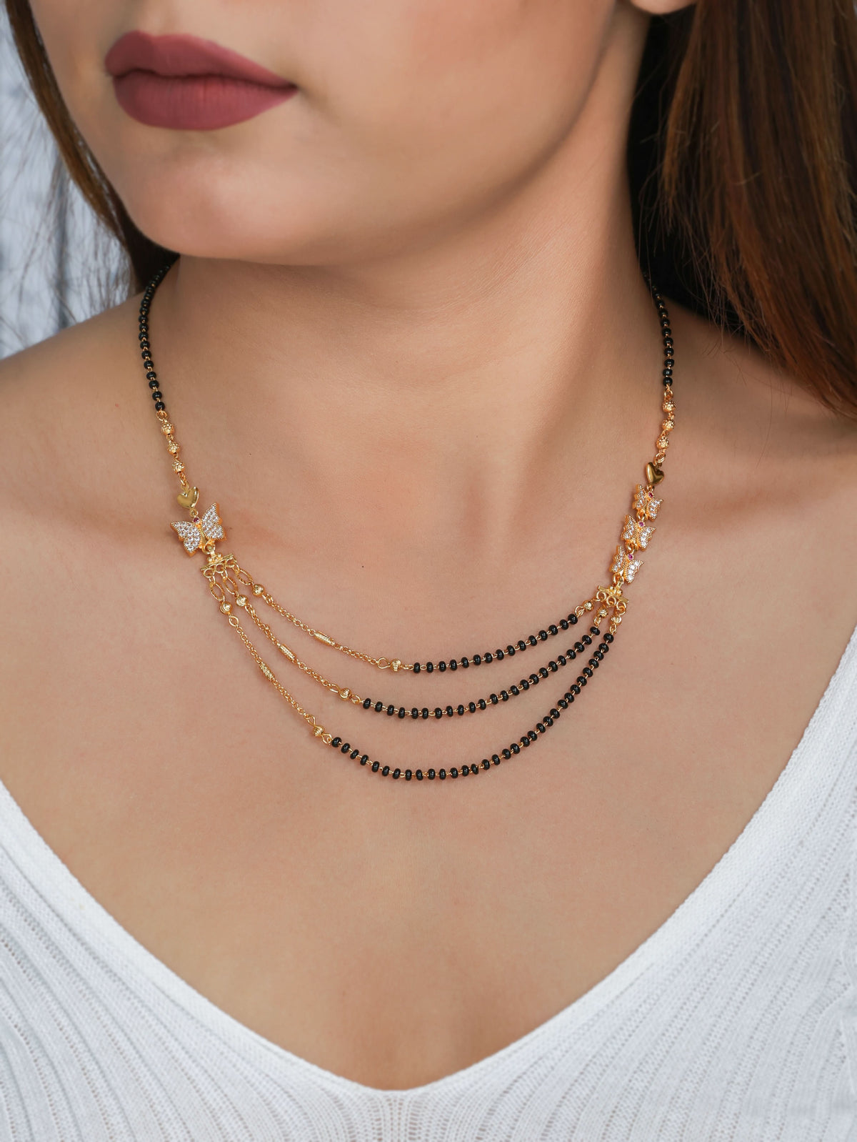 Buy 1 Get 1 Free -Asymmetrical Triple Layer Black Beads Mangalsutra with Star Motif - Mangalsutra - Belleza Jewels