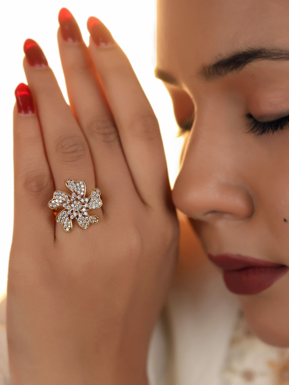American Diamond High gold Plated flower shape Big fancy Ring - finger ring - Belleza Jewels