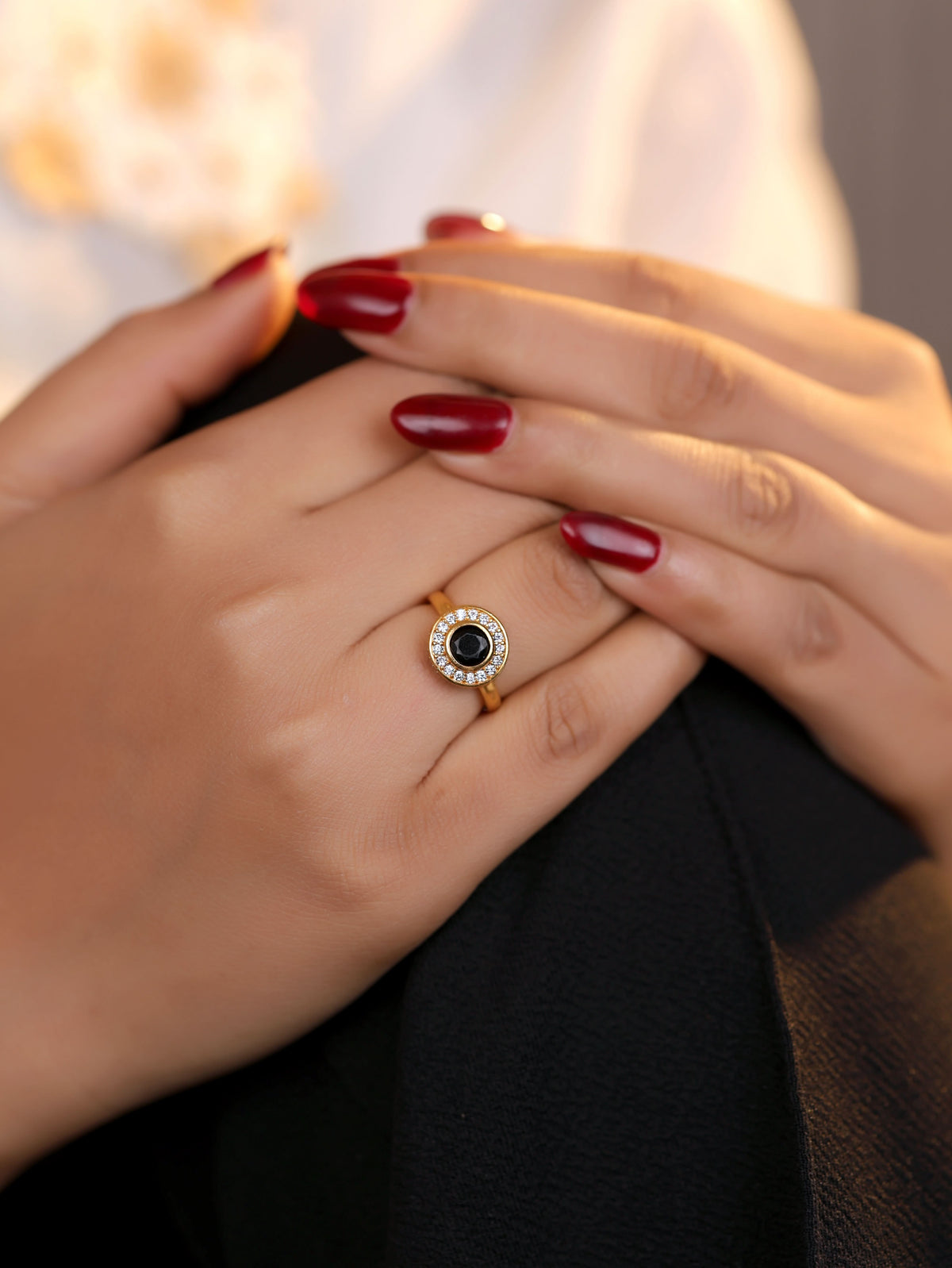 American Diamond High gold round black delicate Ring - finger ring - Belleza Jewels