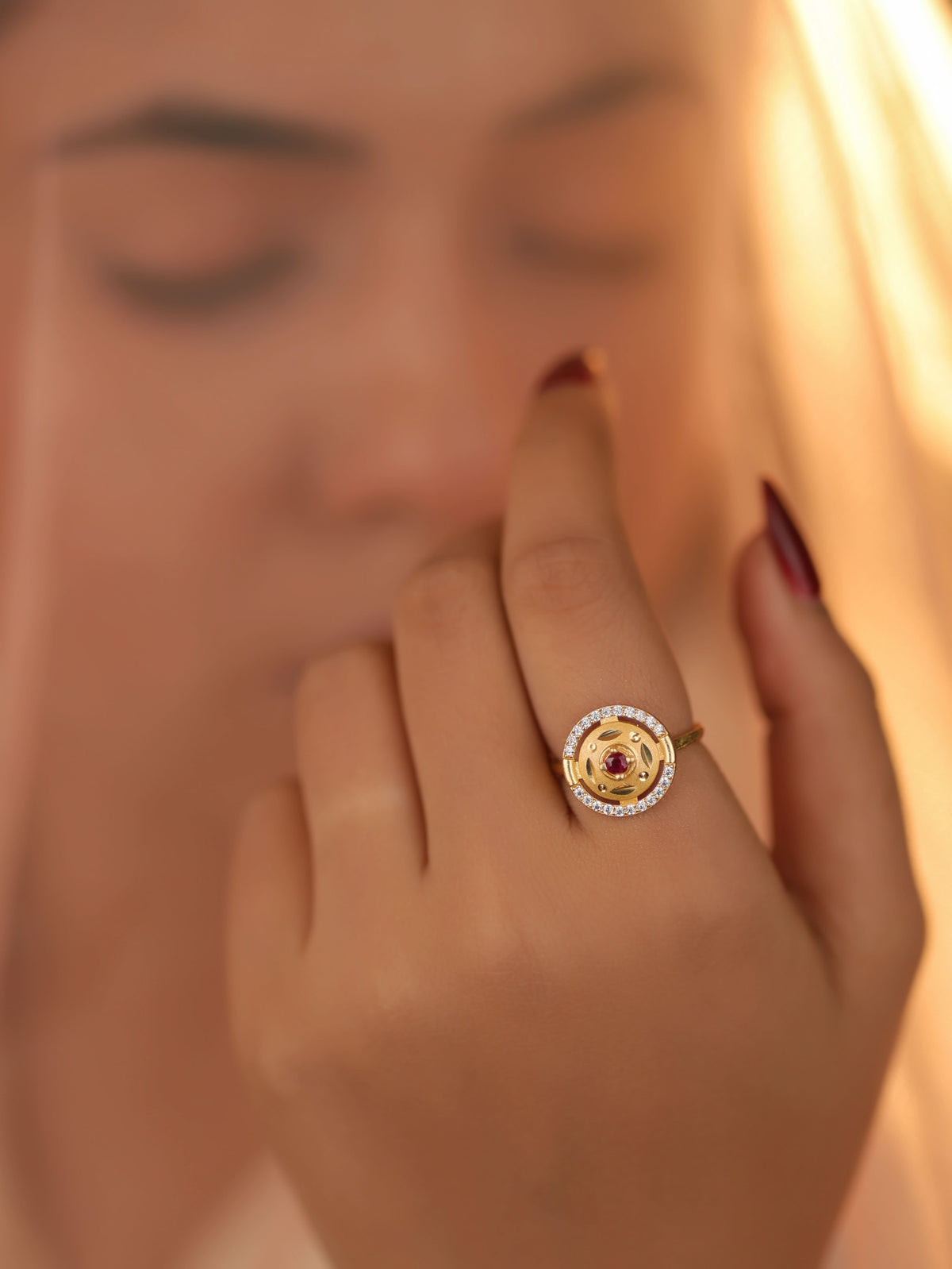 Ruby Glow Adjustable Ring – American Diamond Gold-Plated Ring - finger ring - Belleza Jewels