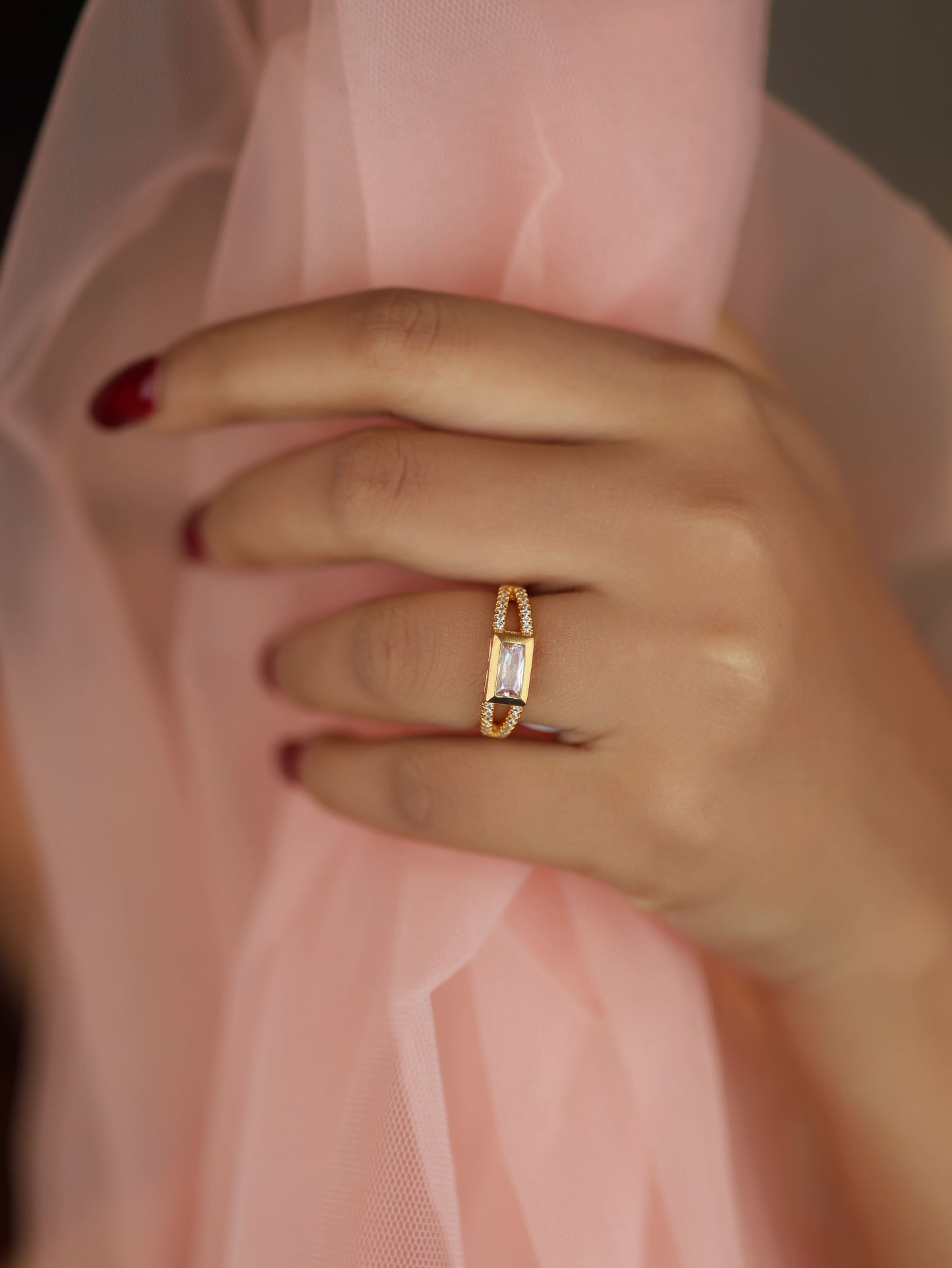 American Diamond high gold rectangle shape delicate fancy ring.