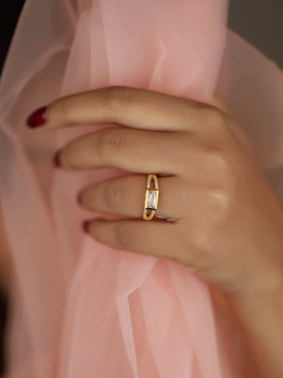 American Diamond high gold rectangle shape delicate fancy ring. - finger ring - Belleza Jewels