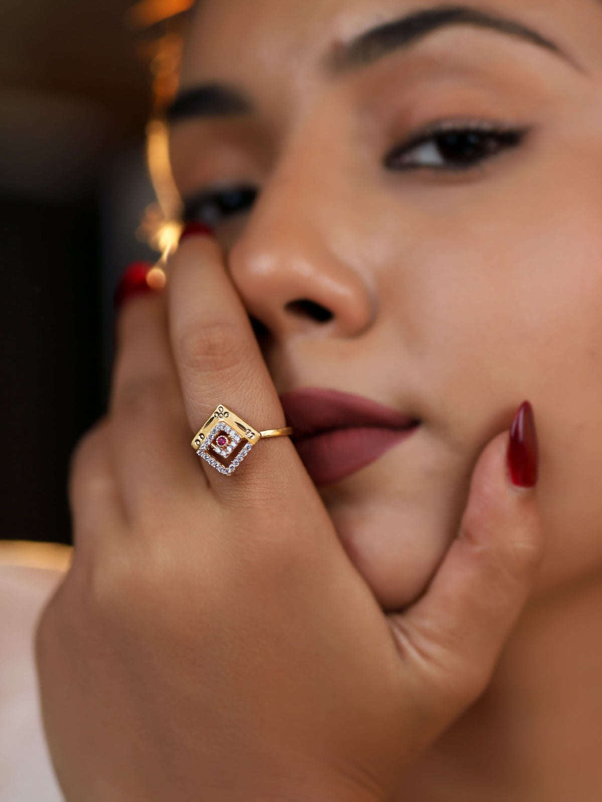 American Diamond Gold Delicate Fancy Adjustable Ring - finger ring - Belleza Jewels