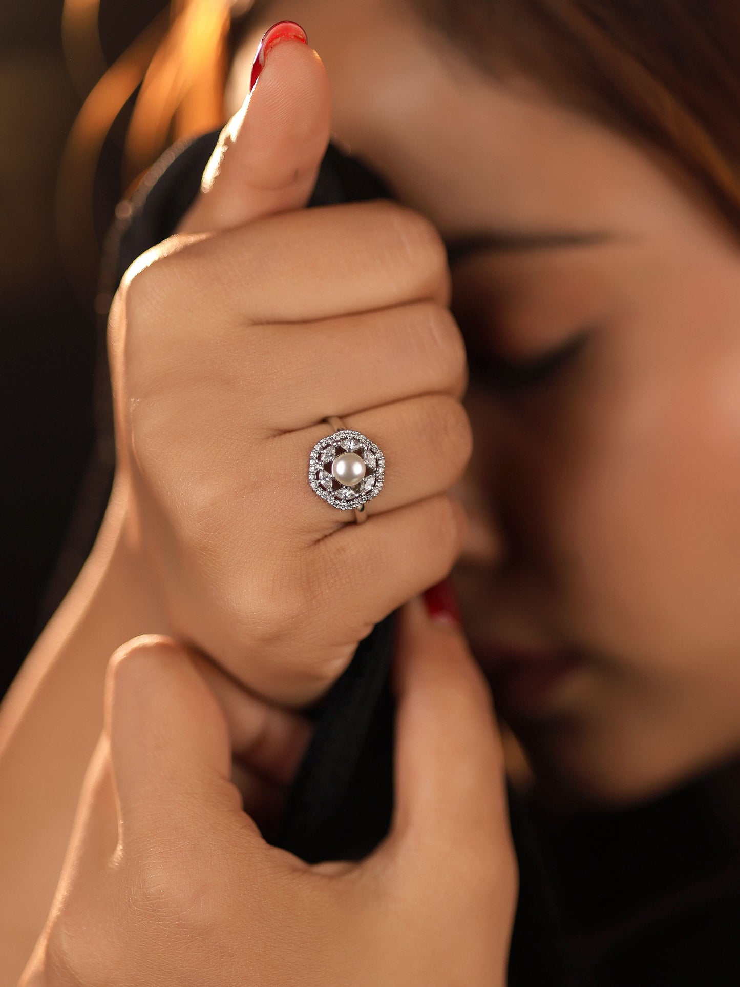 American Diamond Silver White Pearl Pleted Delicate Adjustable Free Size Ring